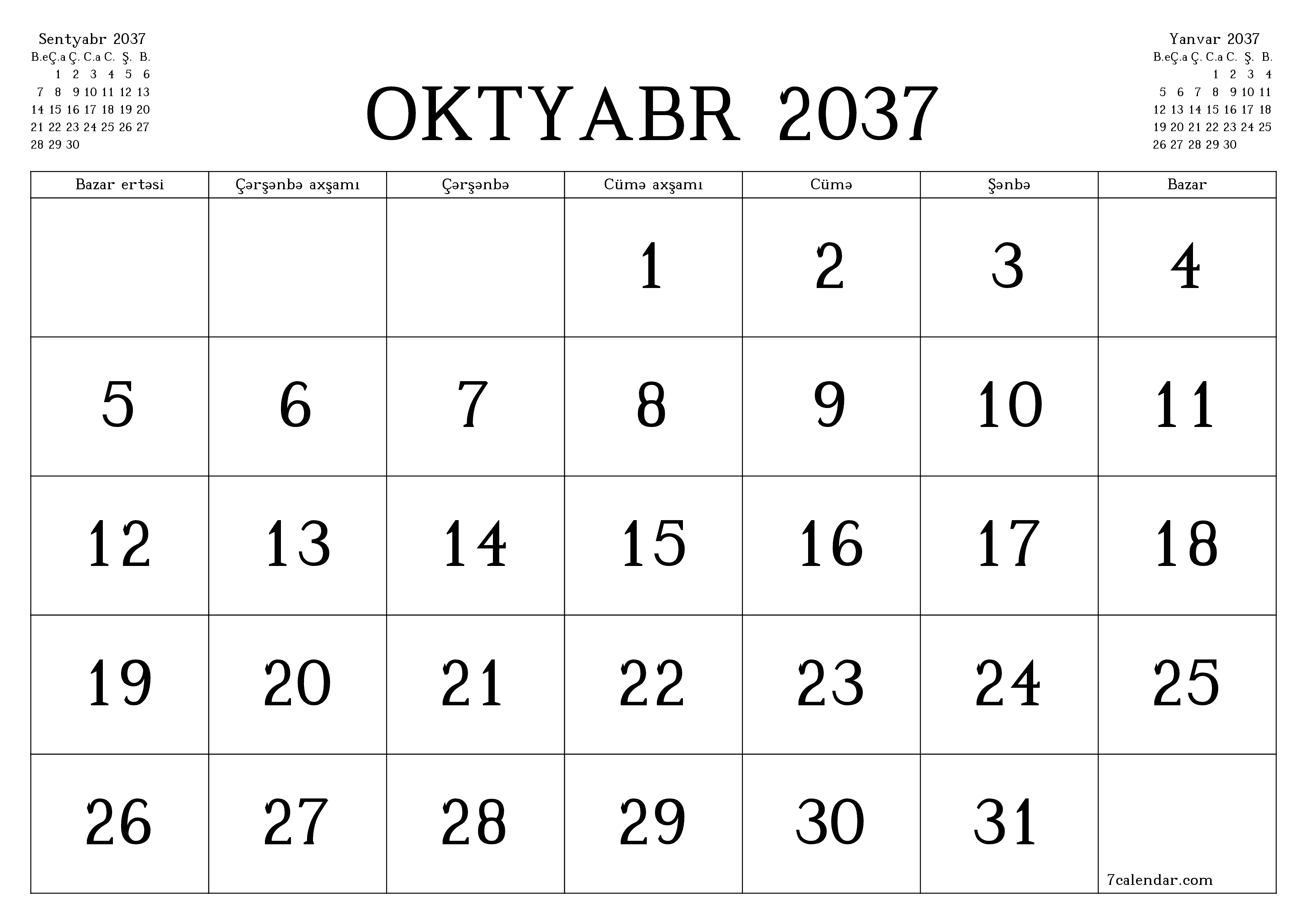 Oktyabr 2037 ayı üçün qeydlər ilə boş aylıq planlayıcı, qeyd edin və PDF-ə yazdırın PNG Azerbaijani