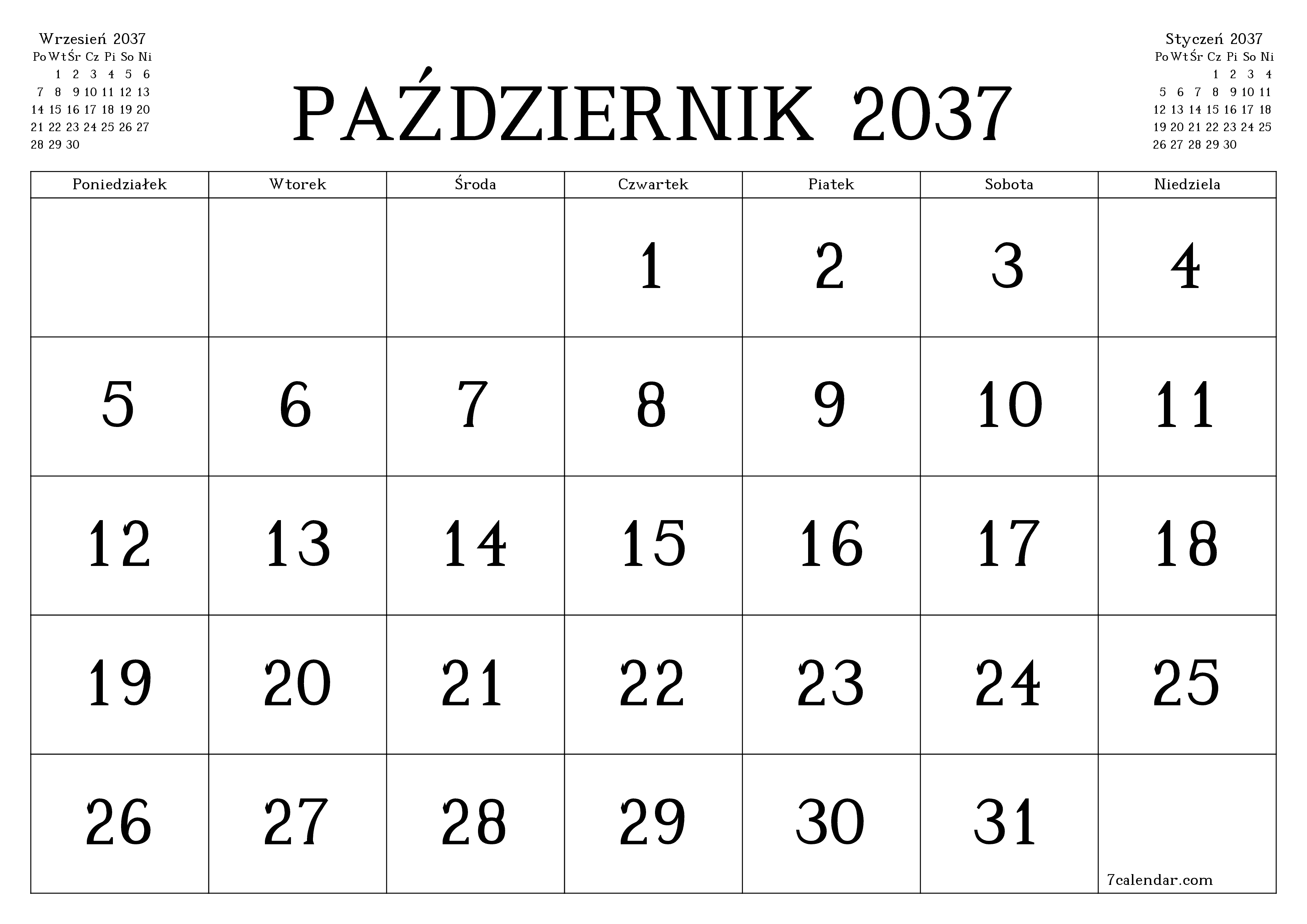 Opróżnij miesięczny planer na miesiąc Październik 2037 z notatkami, zapisz i wydrukuj w formacie PDF PNG Polish
