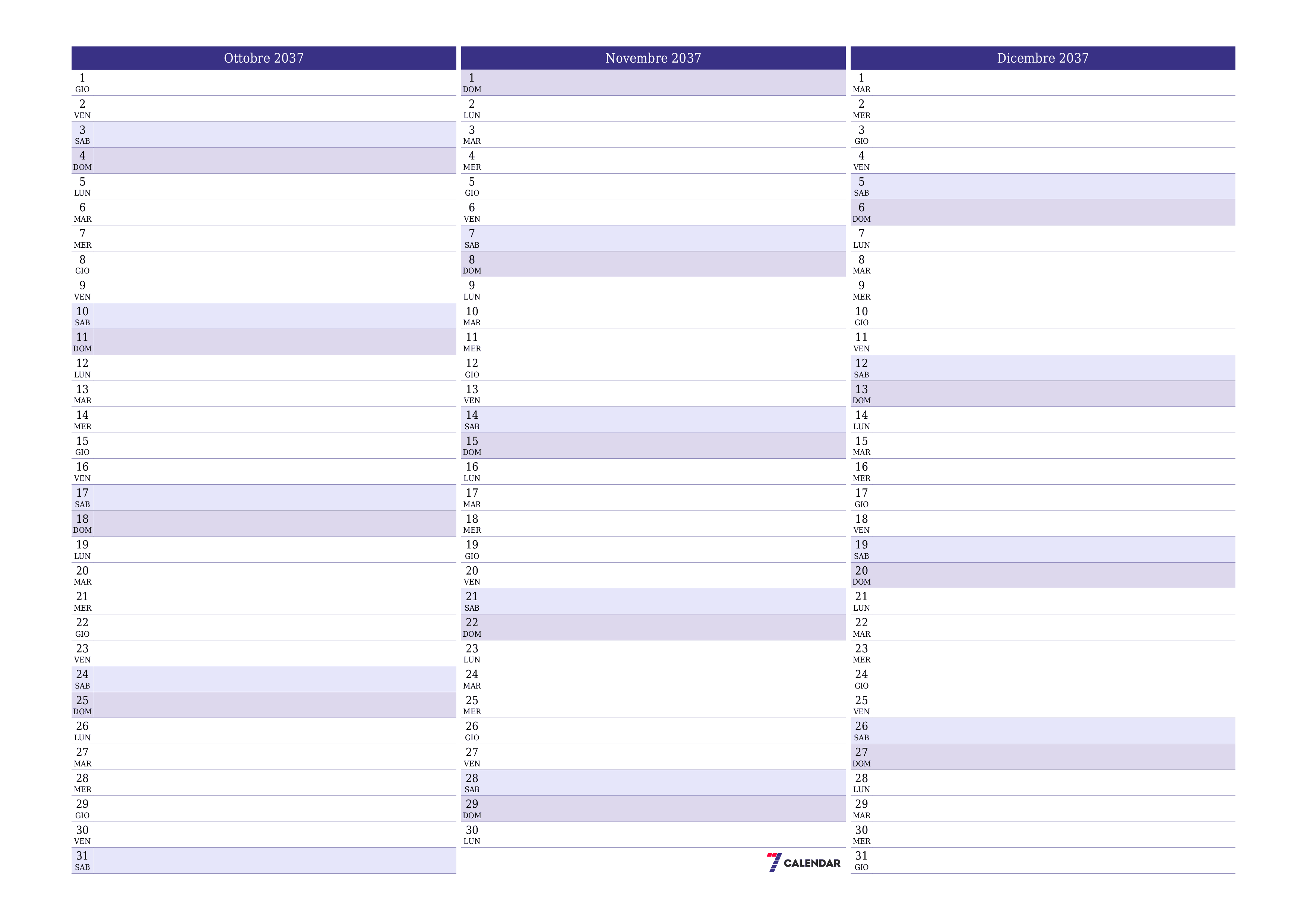 Pianificatore mensile vuoto per il mese Ottobre 2037 con note, salva e stampa in PDF PNG Italian