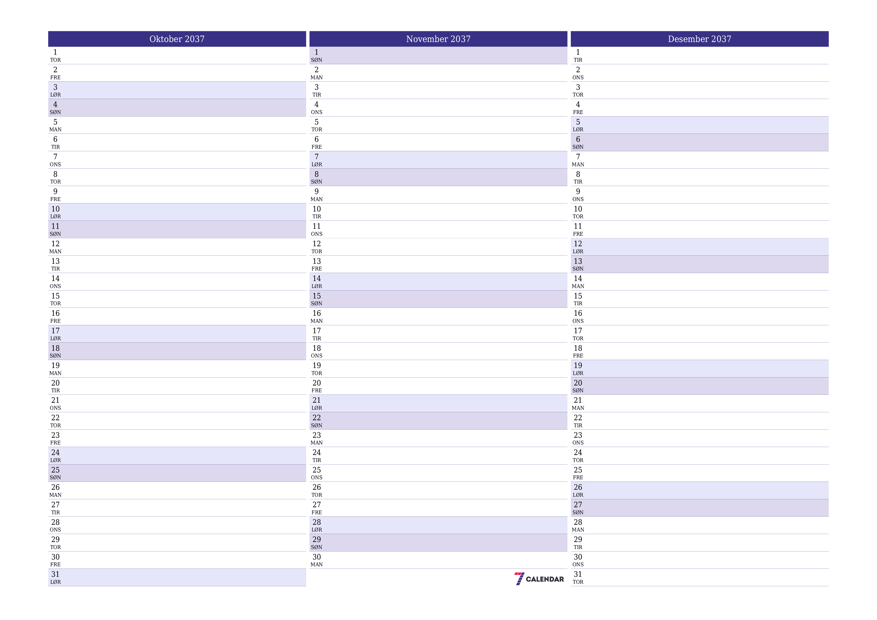 Tom månedlig planlegger for måned Oktober 2037 med notater, lagre og skriv ut til PDF PNG Norwegian