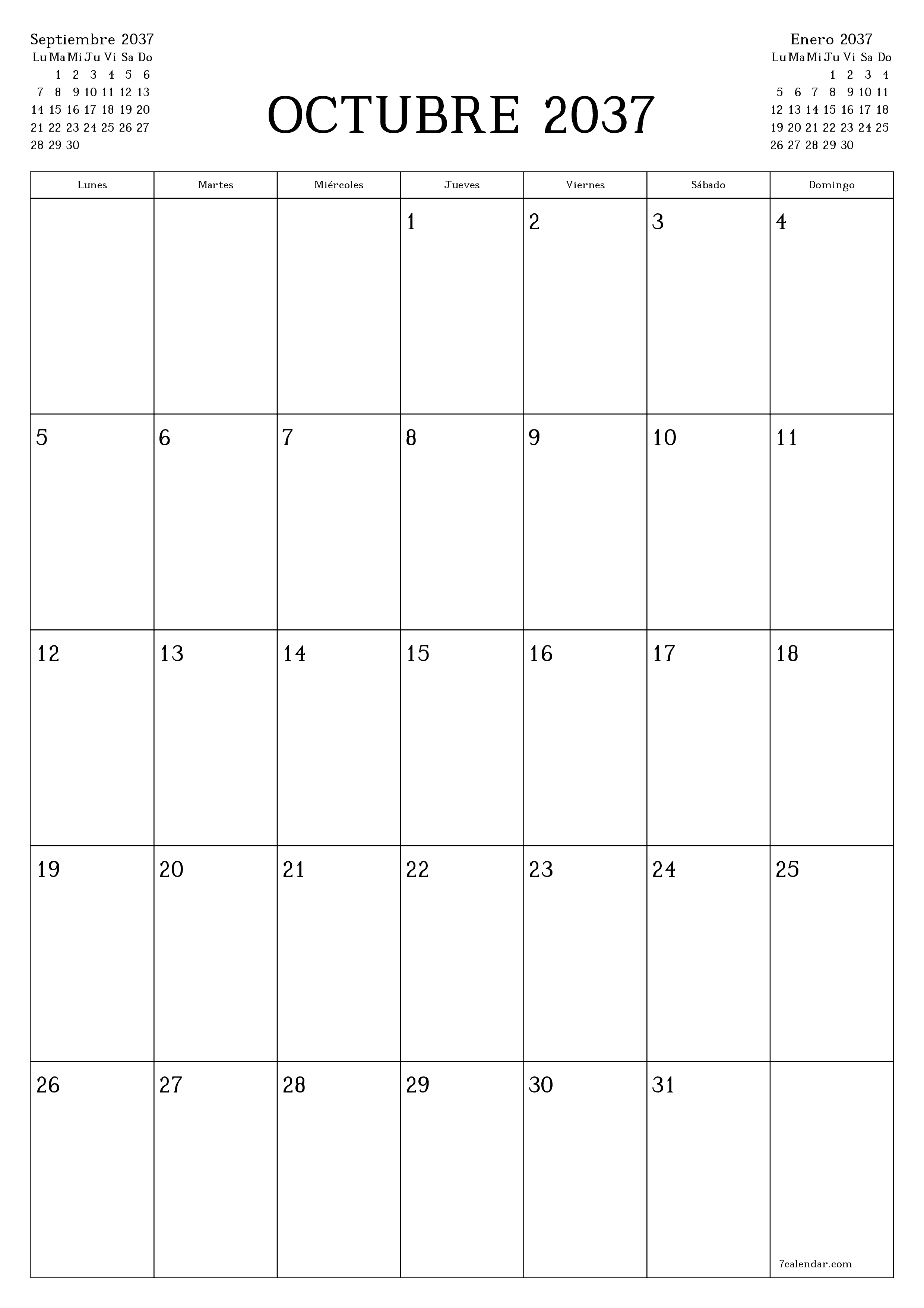  imprimible de pared plantilla de gratisvertical Mensual planificador calendario Octubre (Oct) 2037