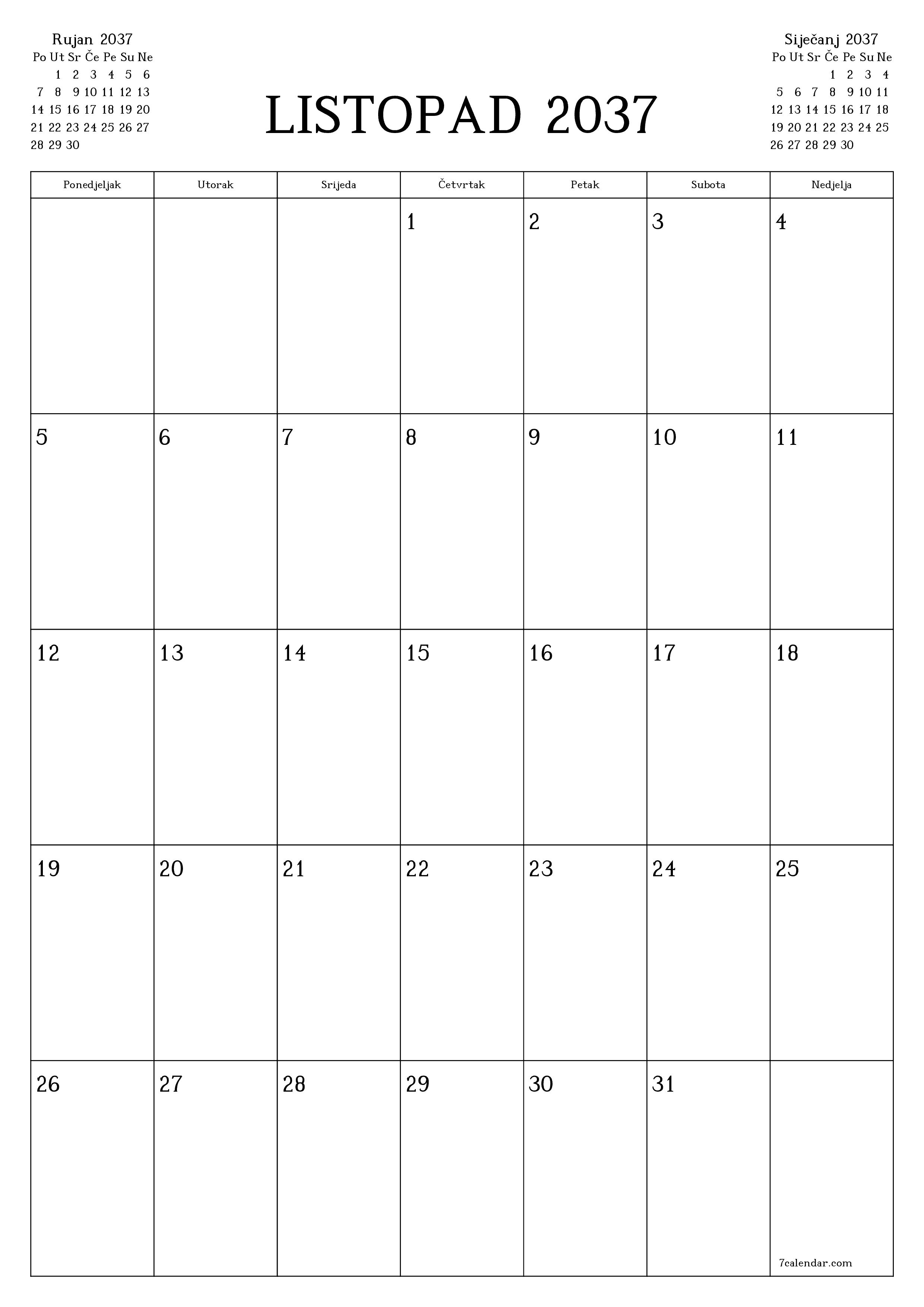  za ispis zidni predložak a besplatni okomito Mjesečni planer kalendar Listopad (Lis) 2037