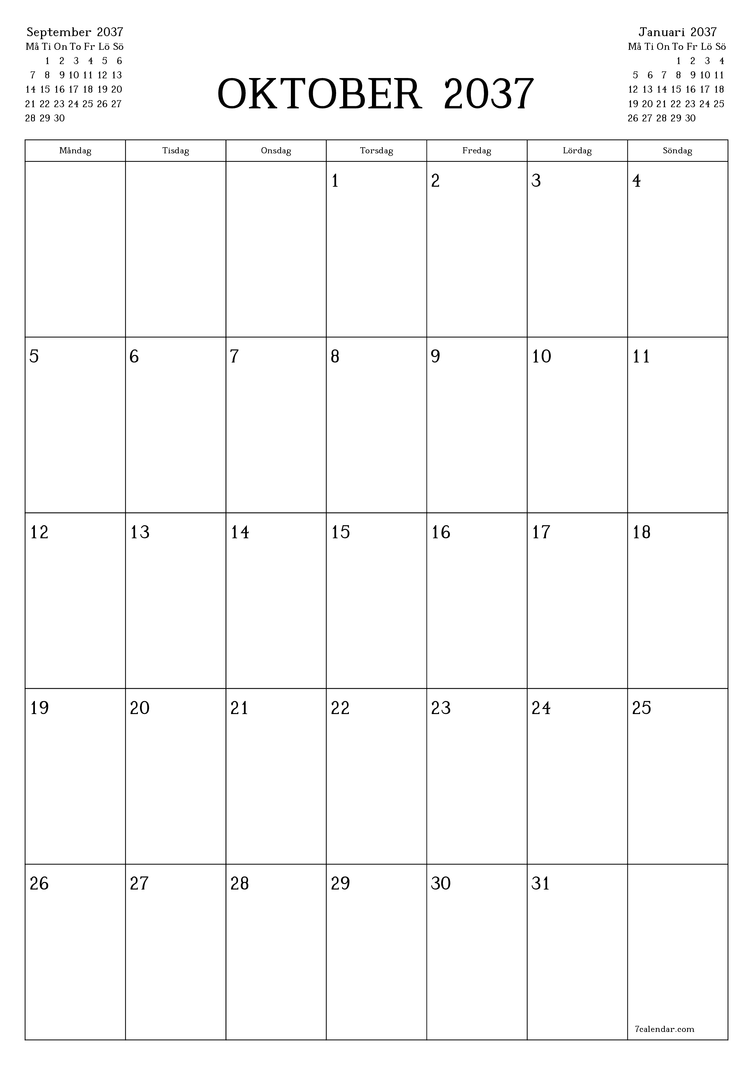 Tom månadsplanerare för månad Oktober 2037 med anteckningar, spara och skriv ut till PDF PNG Swedish