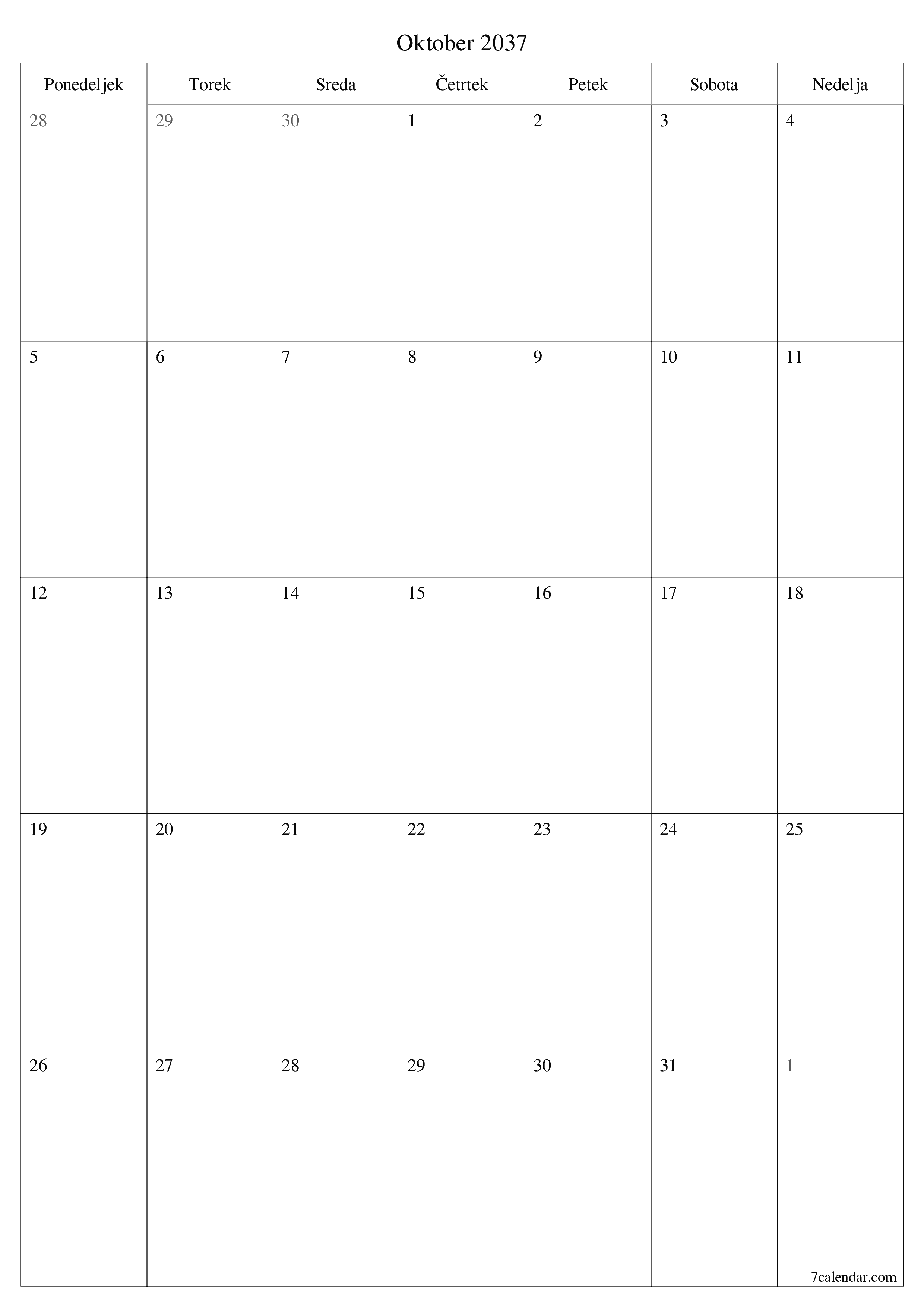 Prazen mesečni načrtovalec koledarja za mesec Oktober 2037 z opombami, natisnjenimi v PDF PNG Slovenian