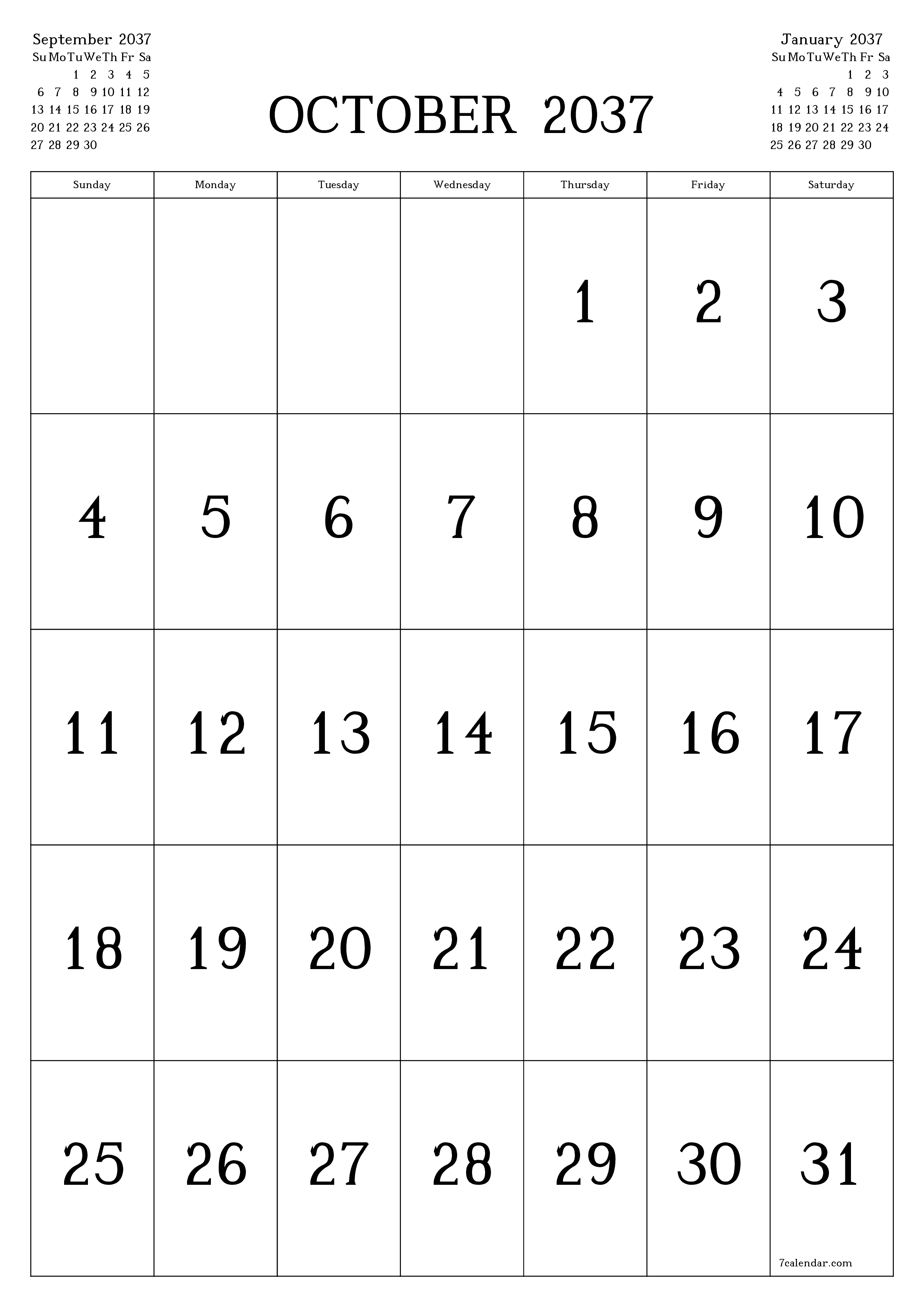 Blank calendar October 2037