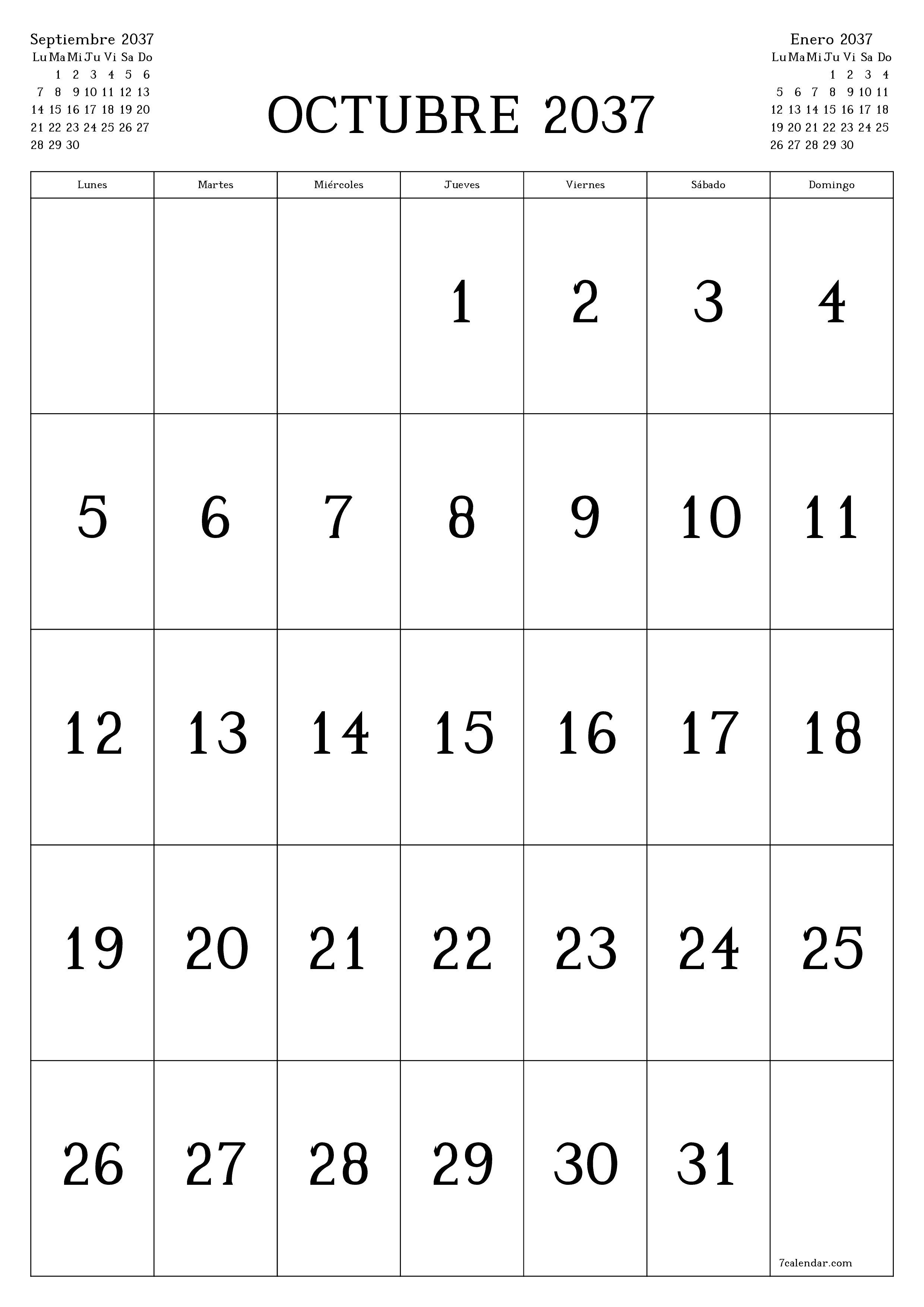  imprimible de pared plantilla de gratisvertical Mensual calendario Octubre (Oct) 2037