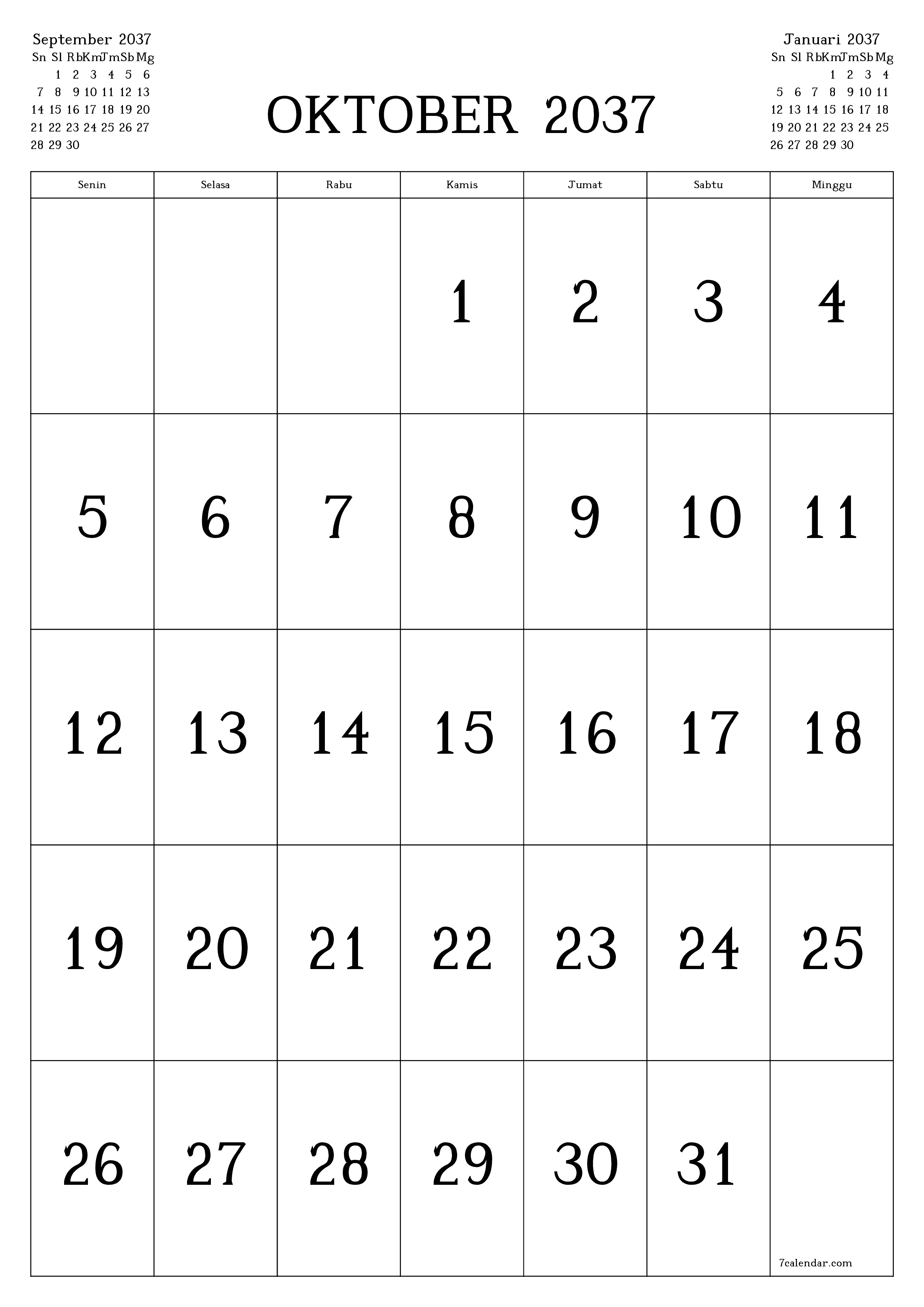 Kosongkan agenda bulanan untuk bulan Oktober 2037 dengan catatan, simpan dan cetak ke PDF PNG Indonesian