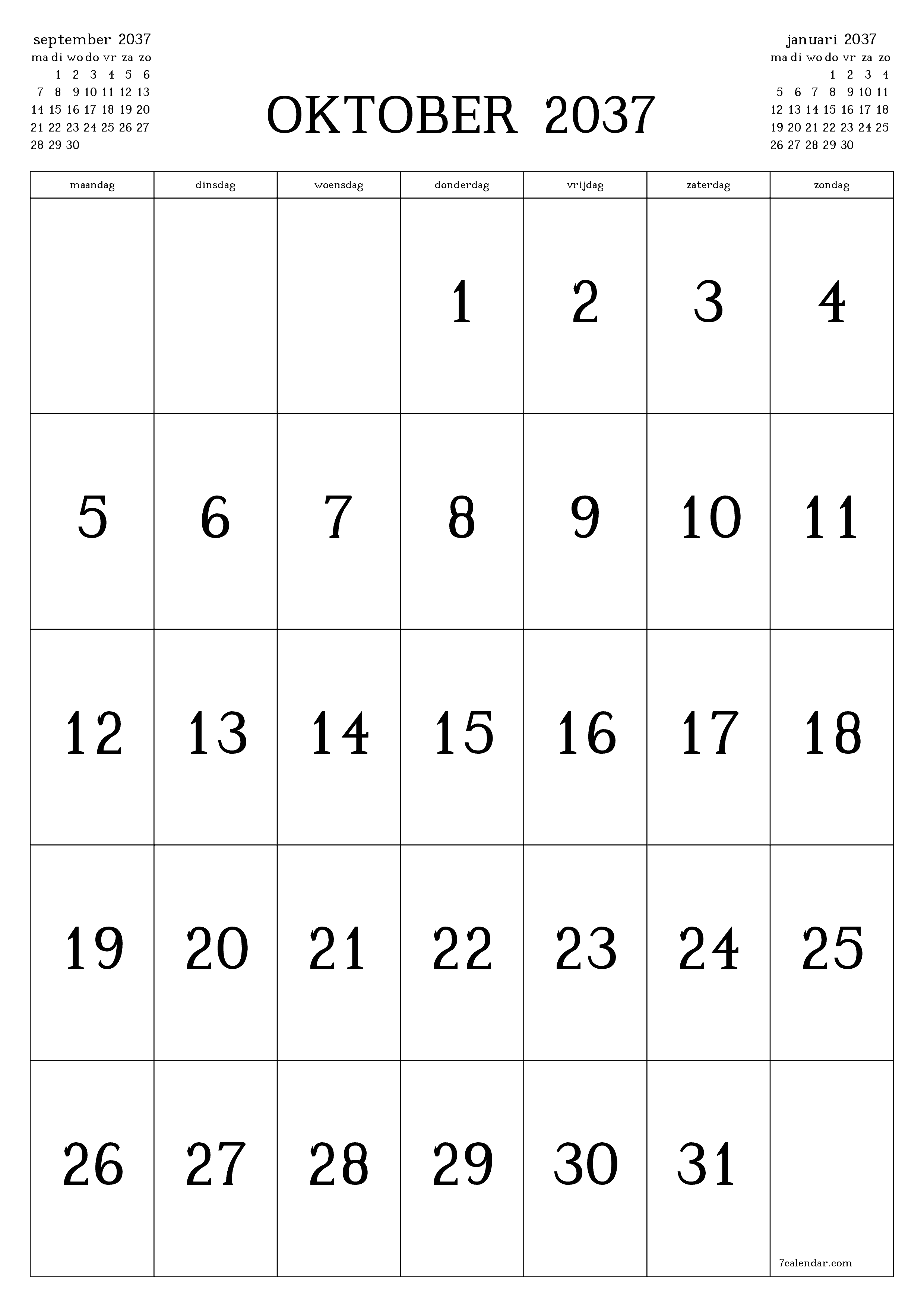 afdrukbare muur sjabloon gratis verticaal Maandelijks kalender oktober (okt) 2037