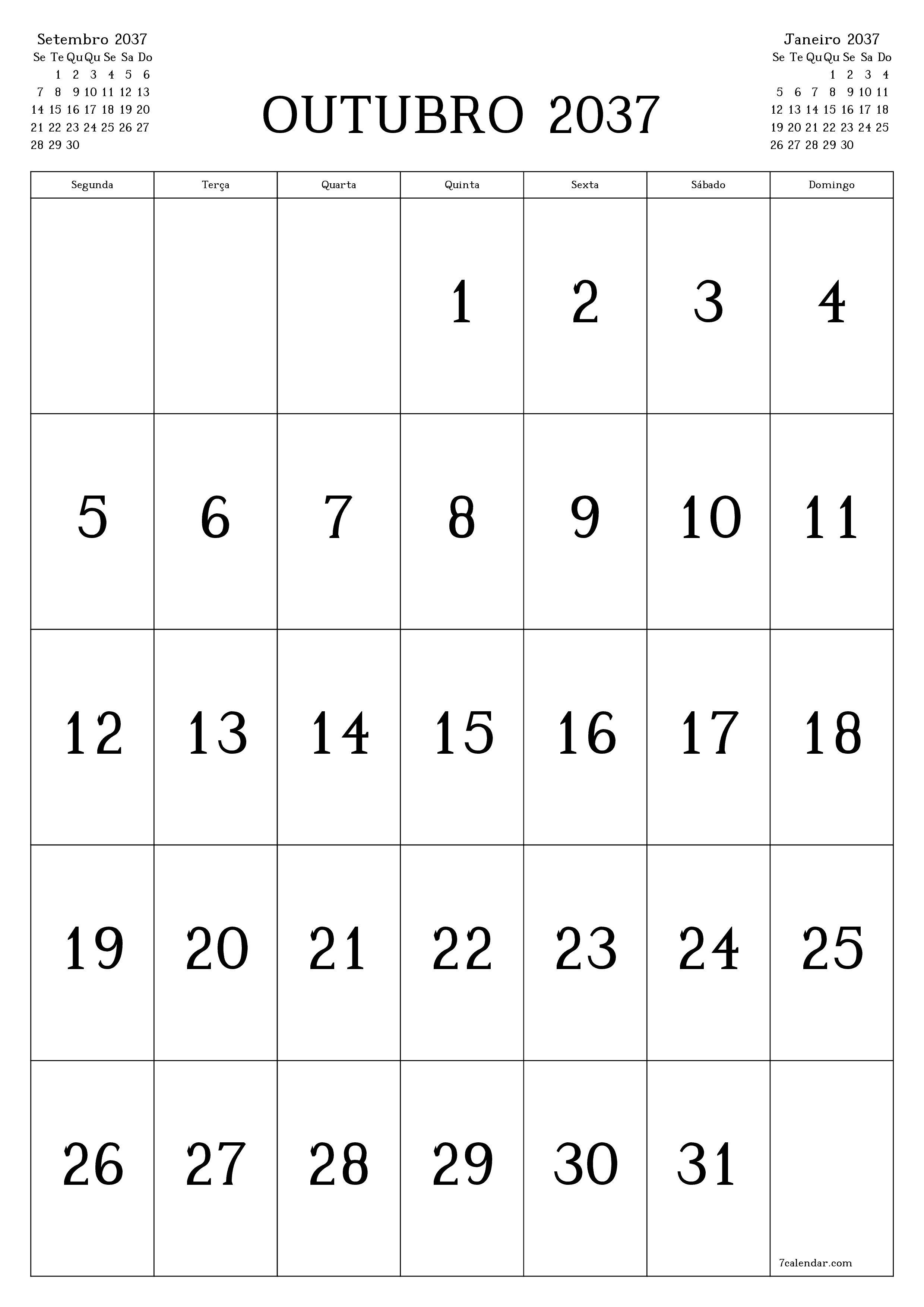  para impressão de parede modelo de grátisvertical Mensal calendário Outubro (Out) 2037