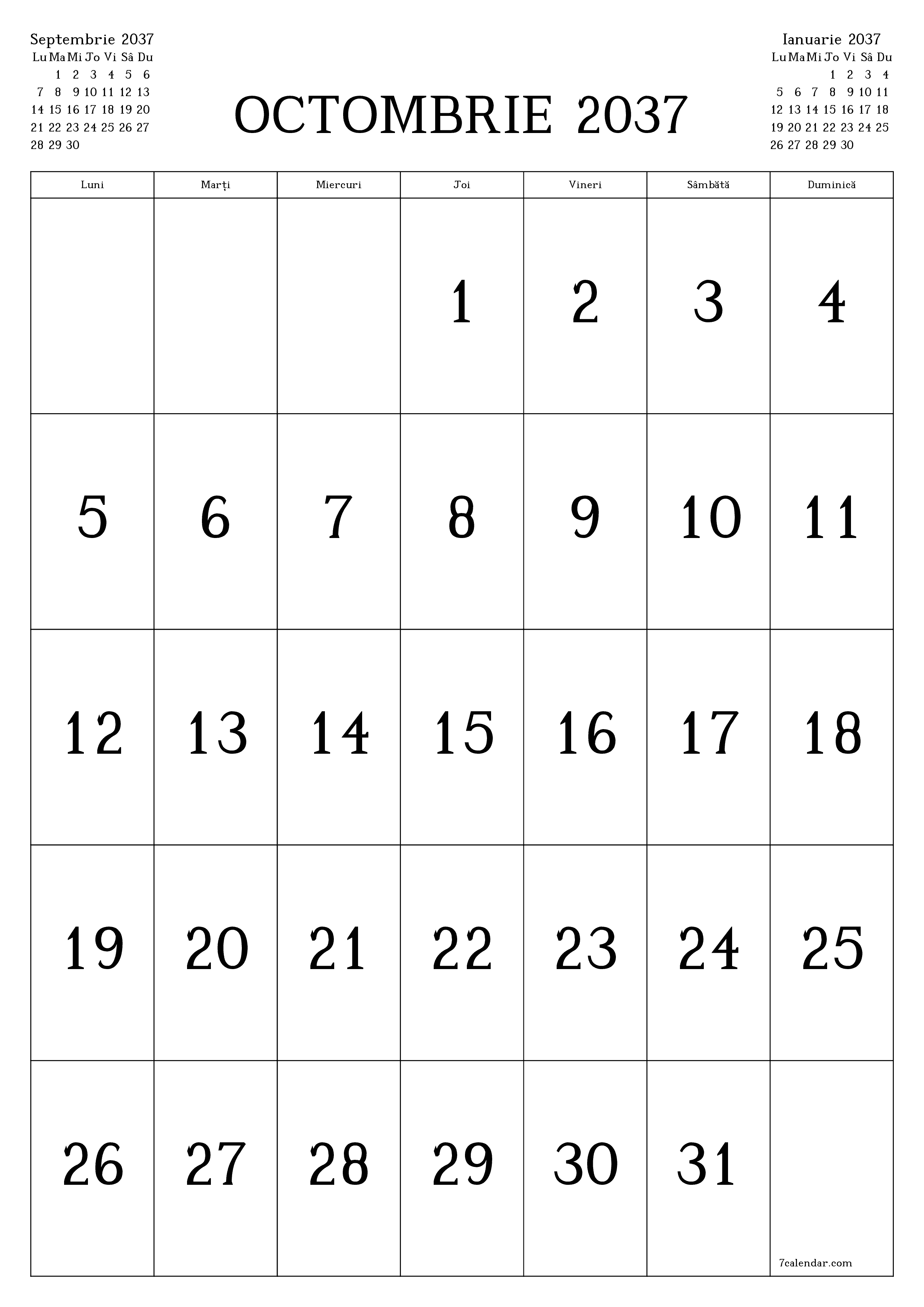  imprimabil de perete șablon de gratuitvertical Lunar calendar Octombrie (Oct) 2037
