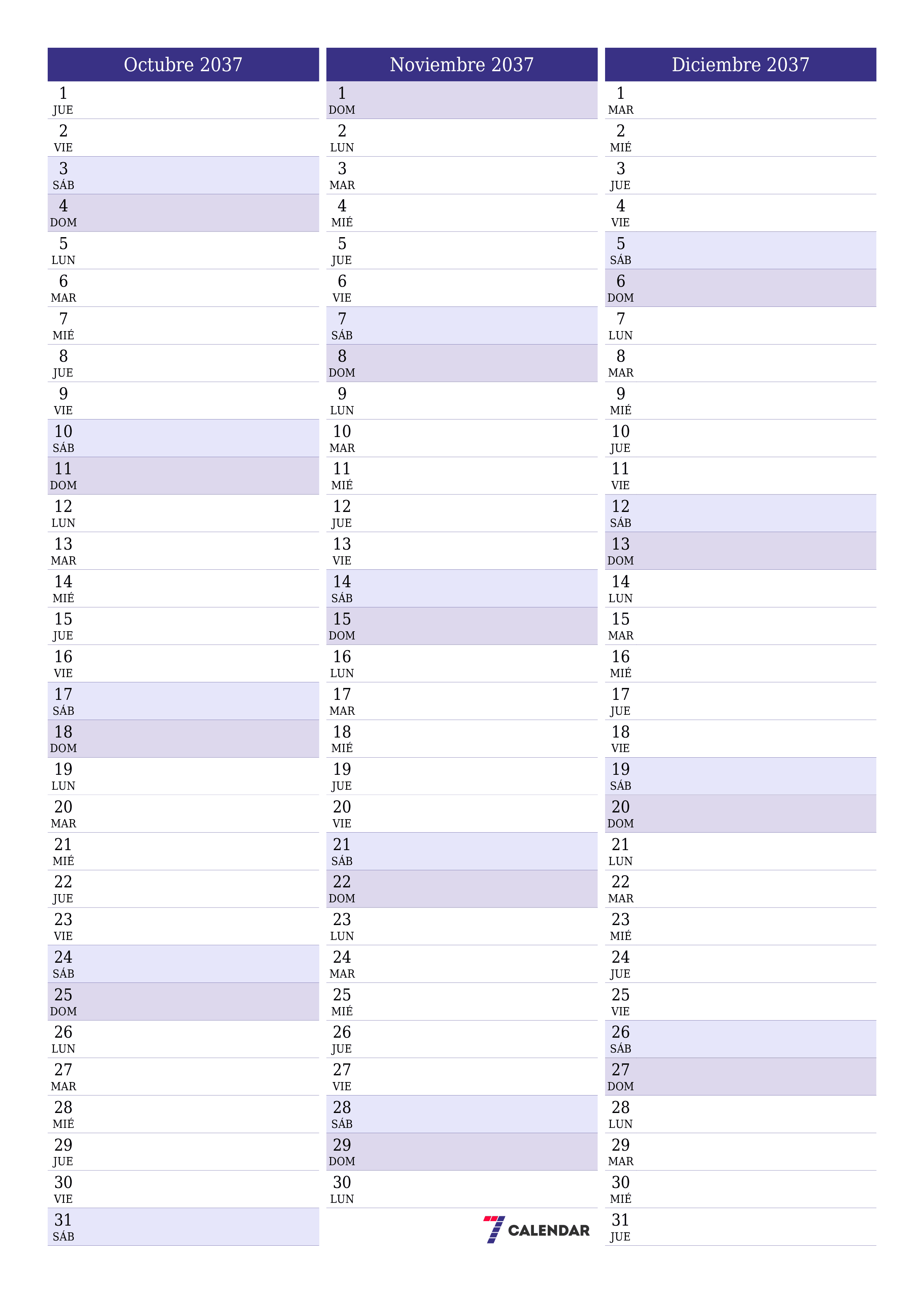  imprimible de pared plantilla de gratisvertical Mensual planificador calendario Octubre (Oct) 2037