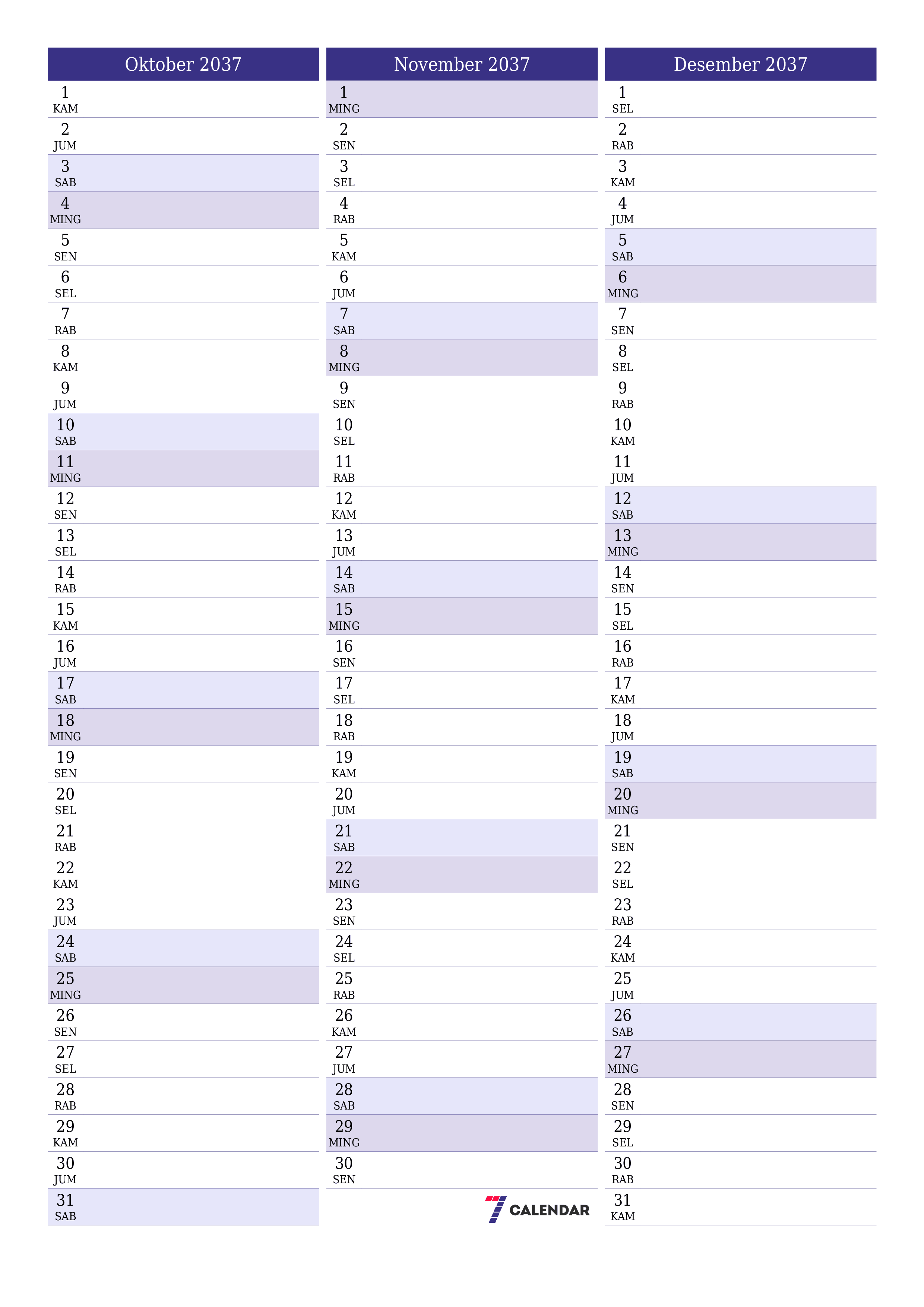 Kosongkan agenda bulanan untuk bulan Oktober 2037 dengan catatan, simpan dan cetak ke PDF PNG Indonesian