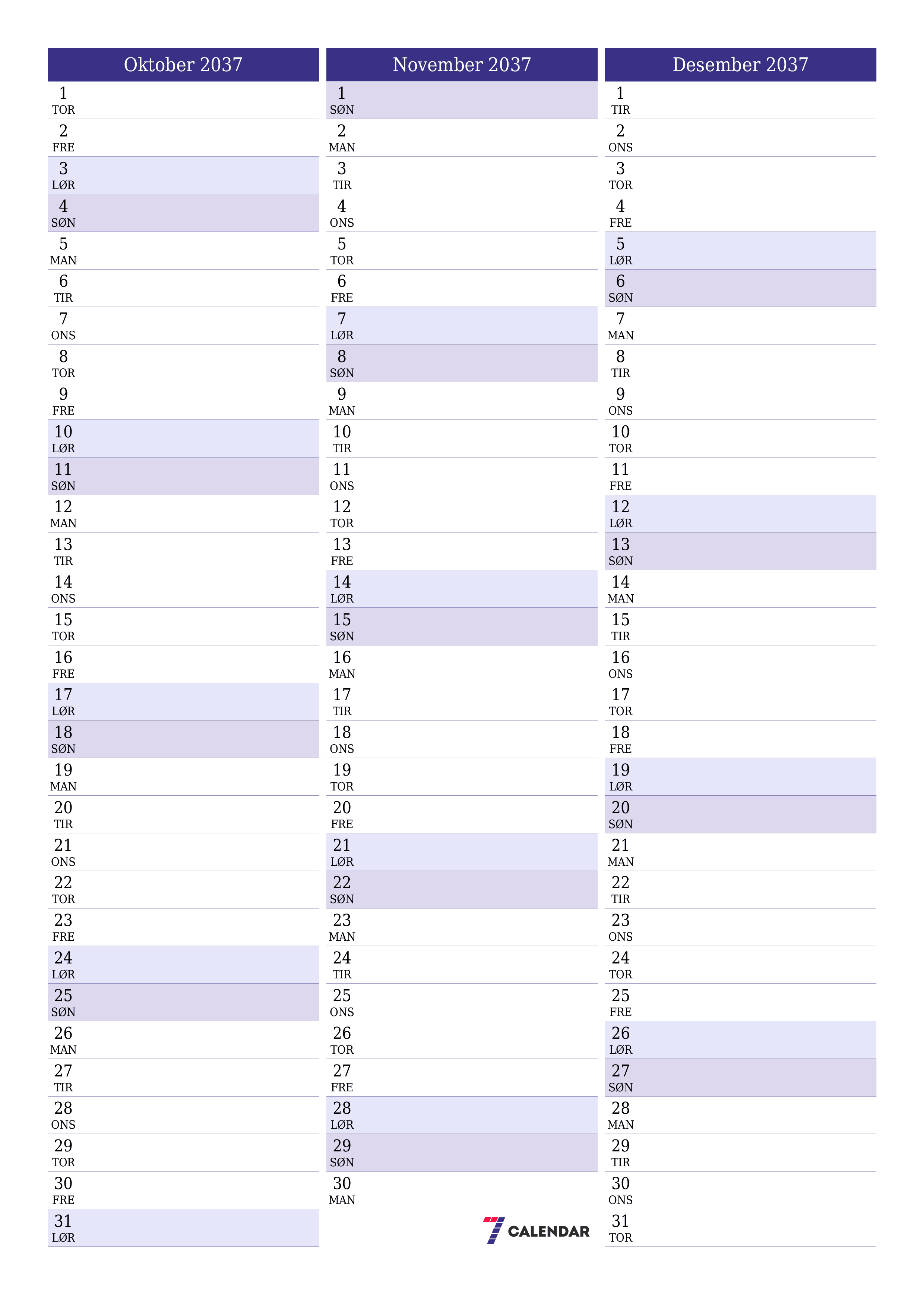 utskrivbar vegg mal gratis vertikal Månedlig planlegger kalender Oktober (Okt) 2037