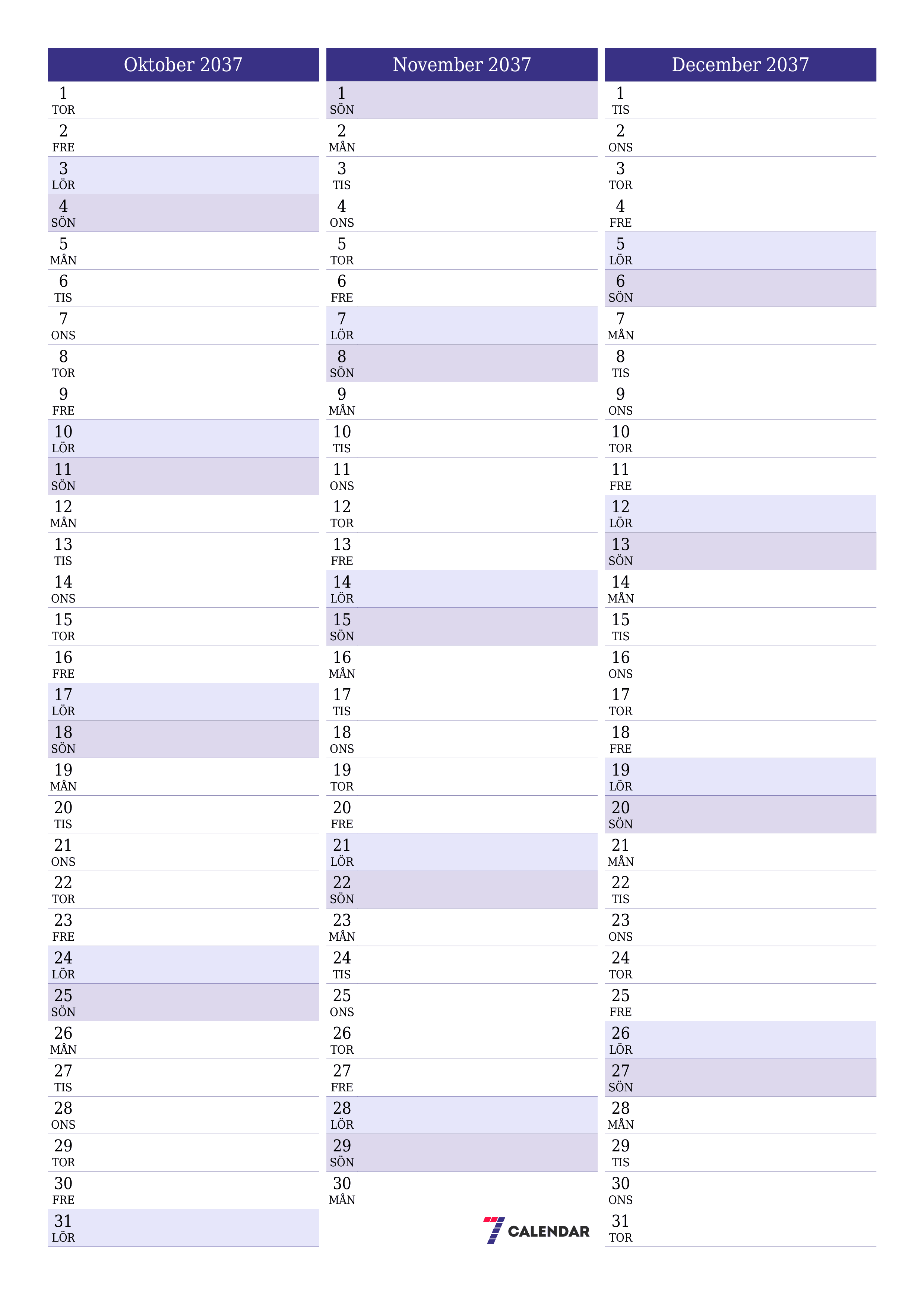 utskrivbar vägg mall gratis vertikal Månatlig planerare kalender Oktober (Okt) 2037