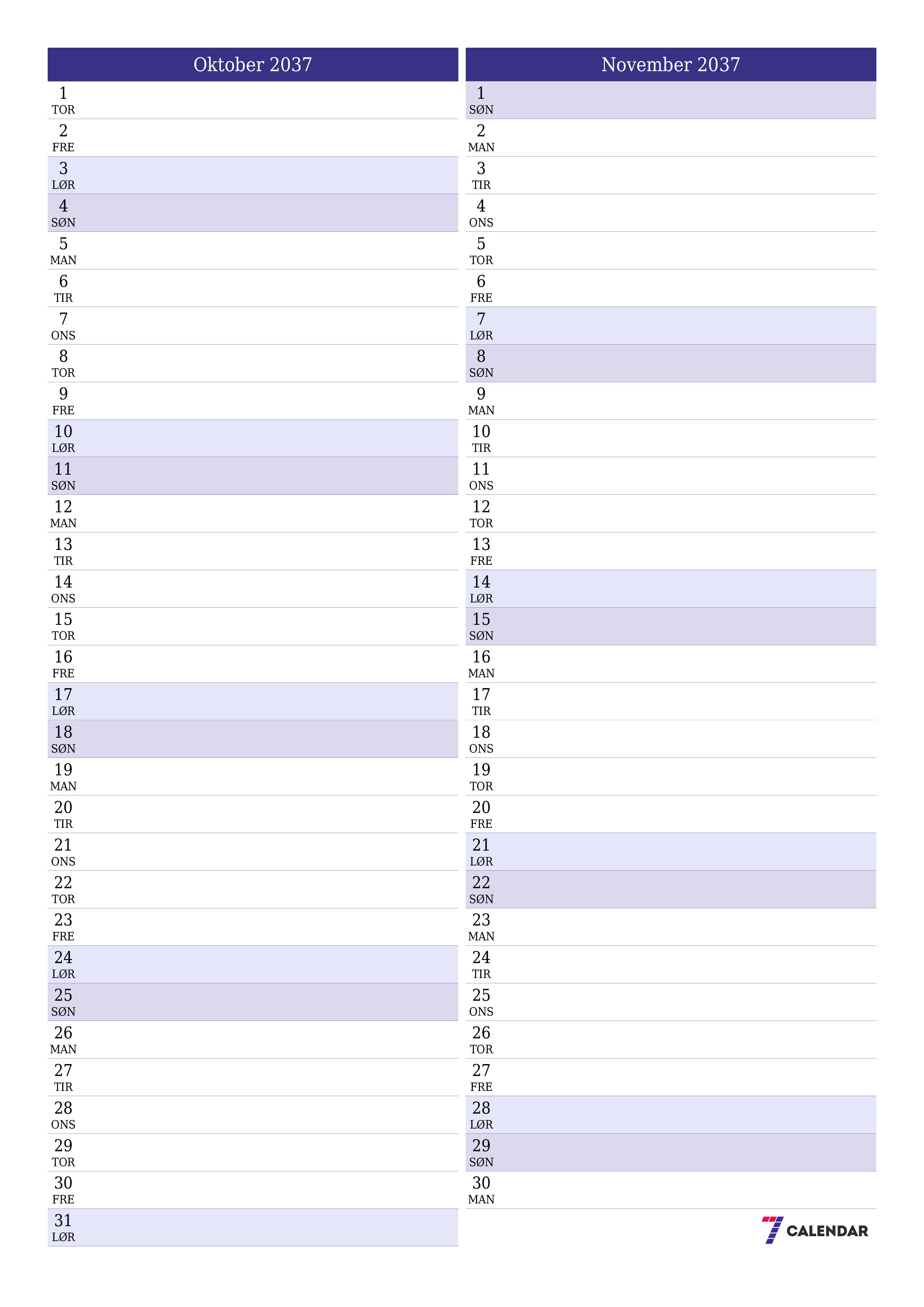 utskrivbar vegg mal gratis vertikal Månedlig planlegger kalender Oktober (Okt) 2037
