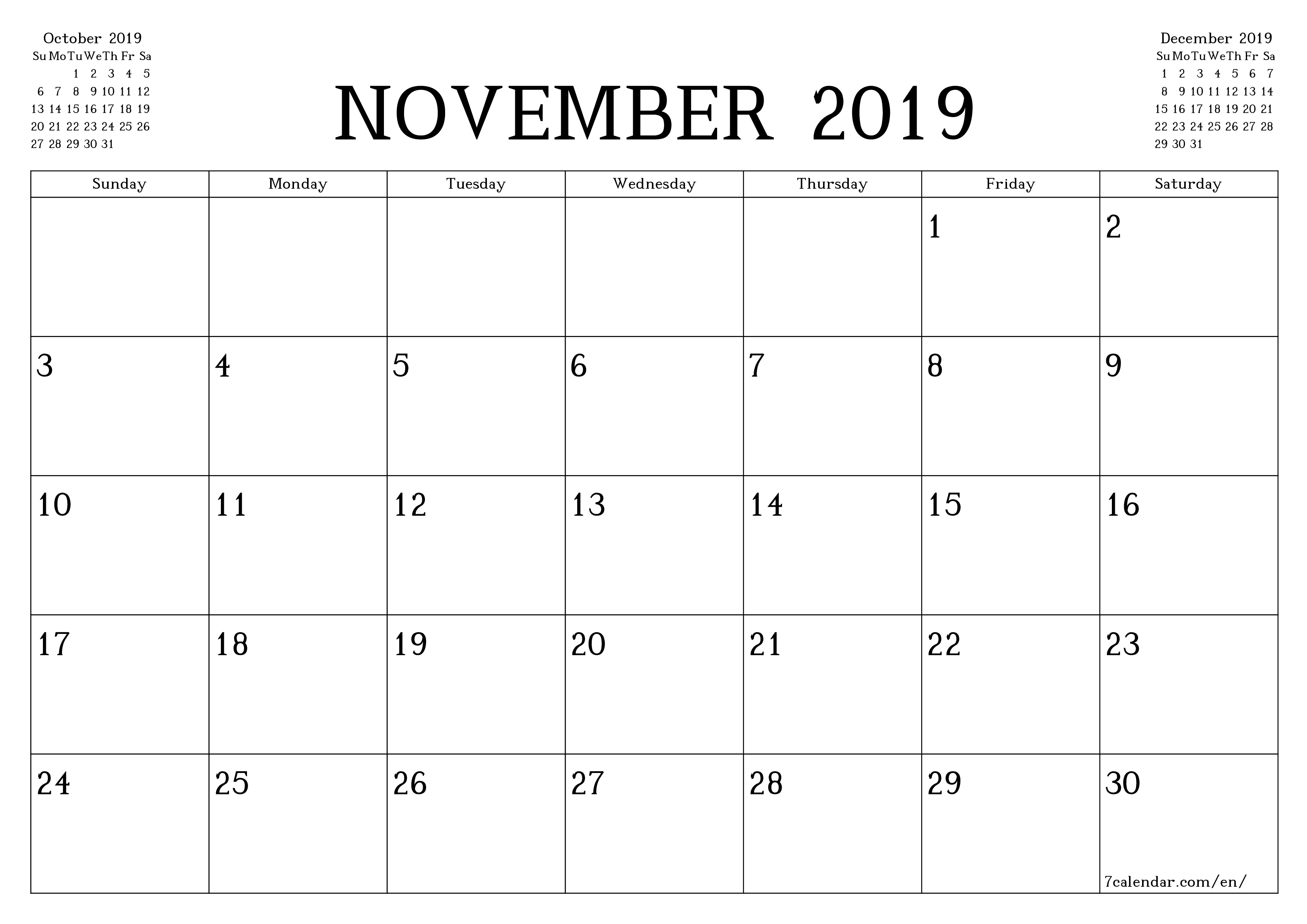 printable wall template free horizontal Monthly planner calendar November (Nov) 2019