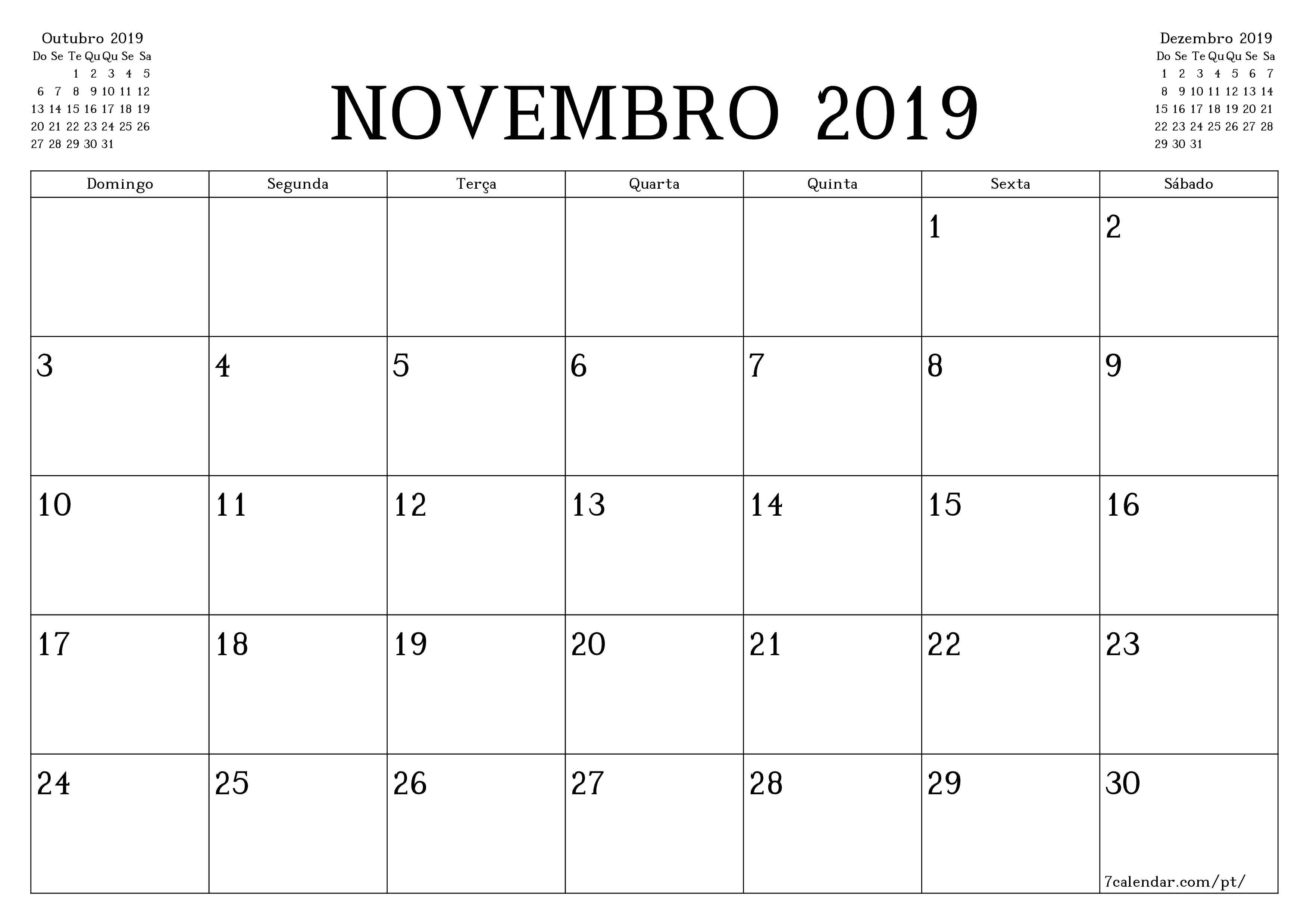  para impressão de parede modelo de grátishorizontal Mensal planejador calendário Novembro (Nov) 2019