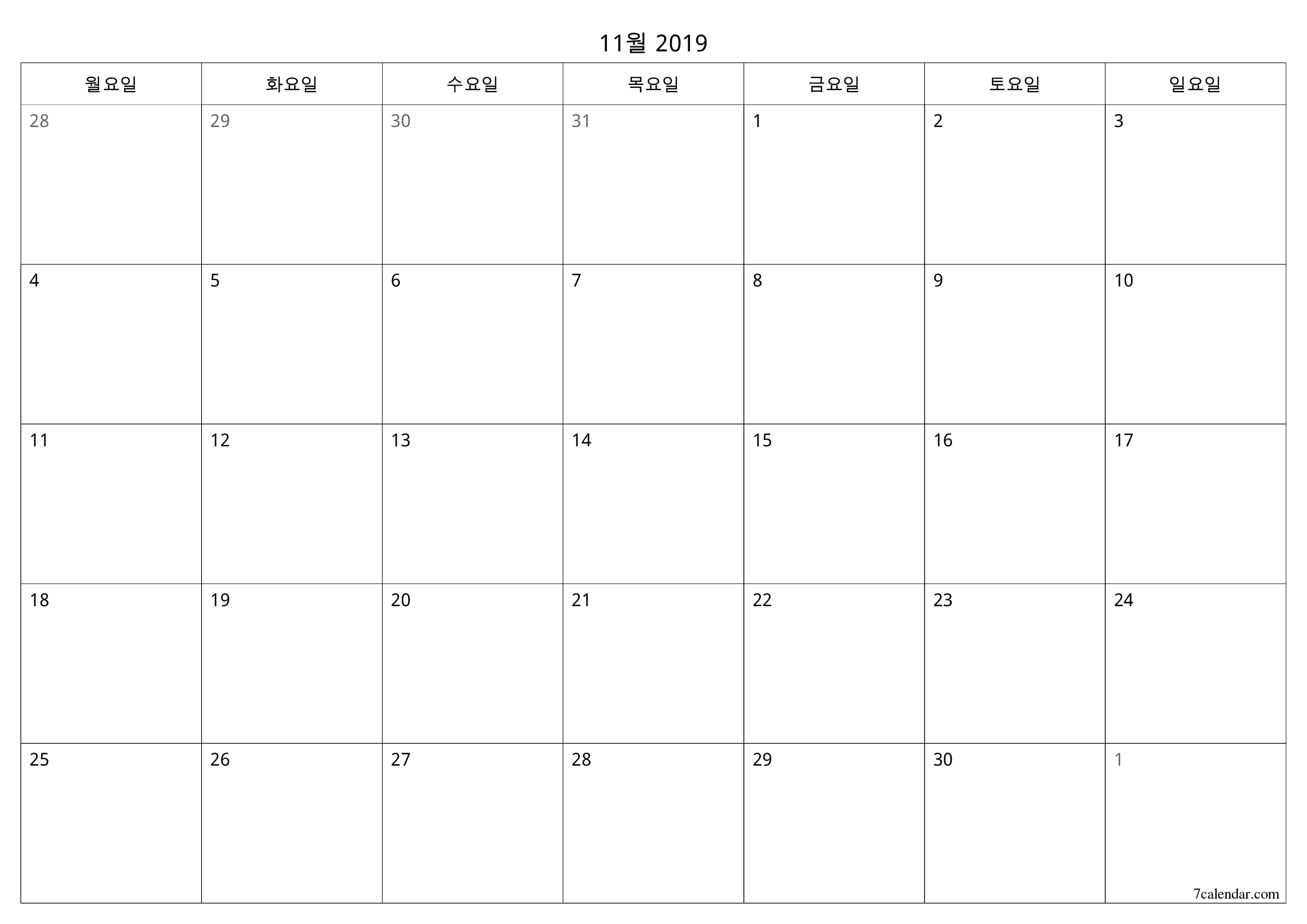 메모가있는 11월 2019 월의 월간 플래너 비우기, PDF PNG Korean-7calendar.com으로 저장 및 인쇄