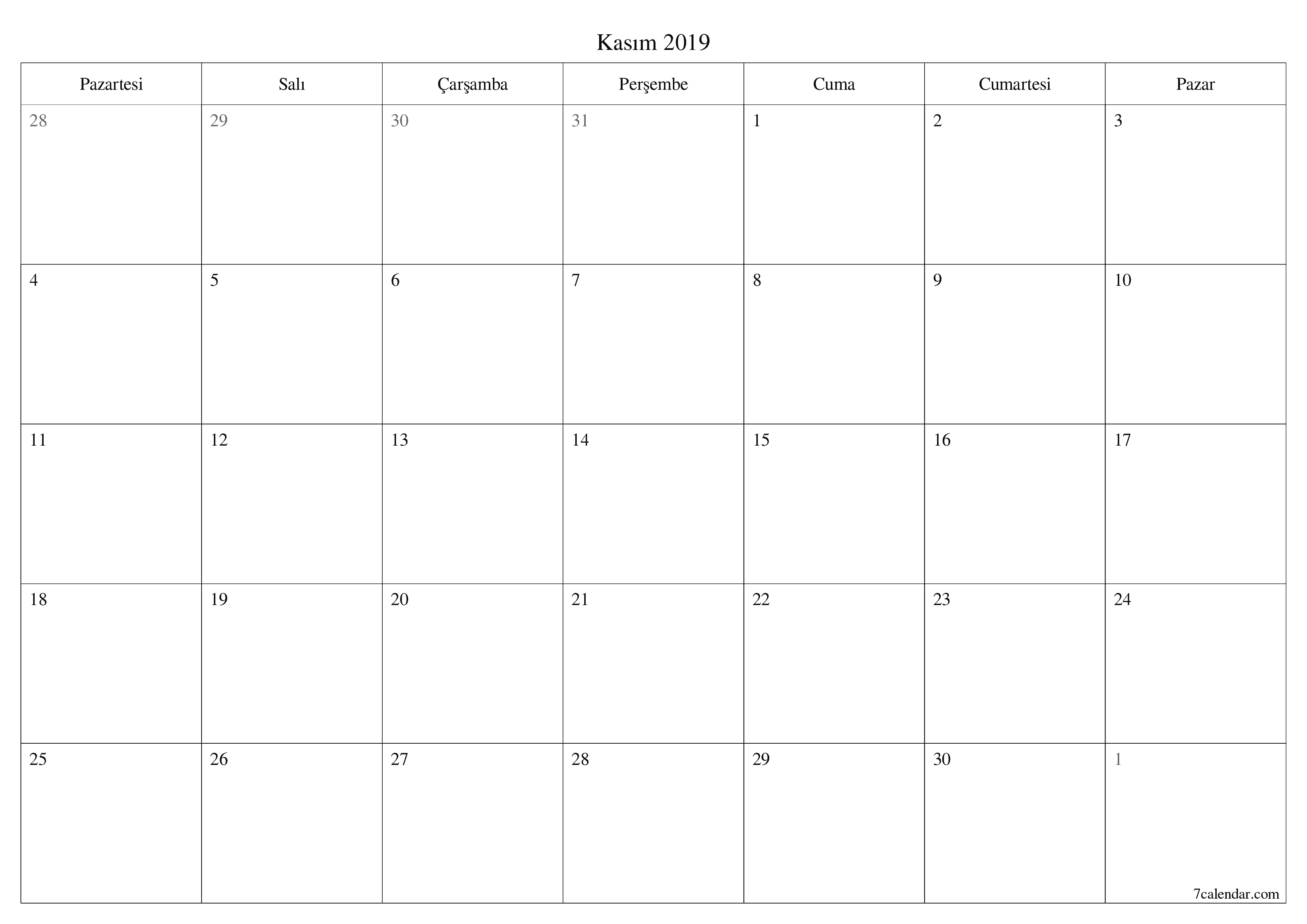 yazdırılabilir duvar i şablonu ücretsiz yatay Aylık planlayıcı takvim Kasım (Kas) 2019