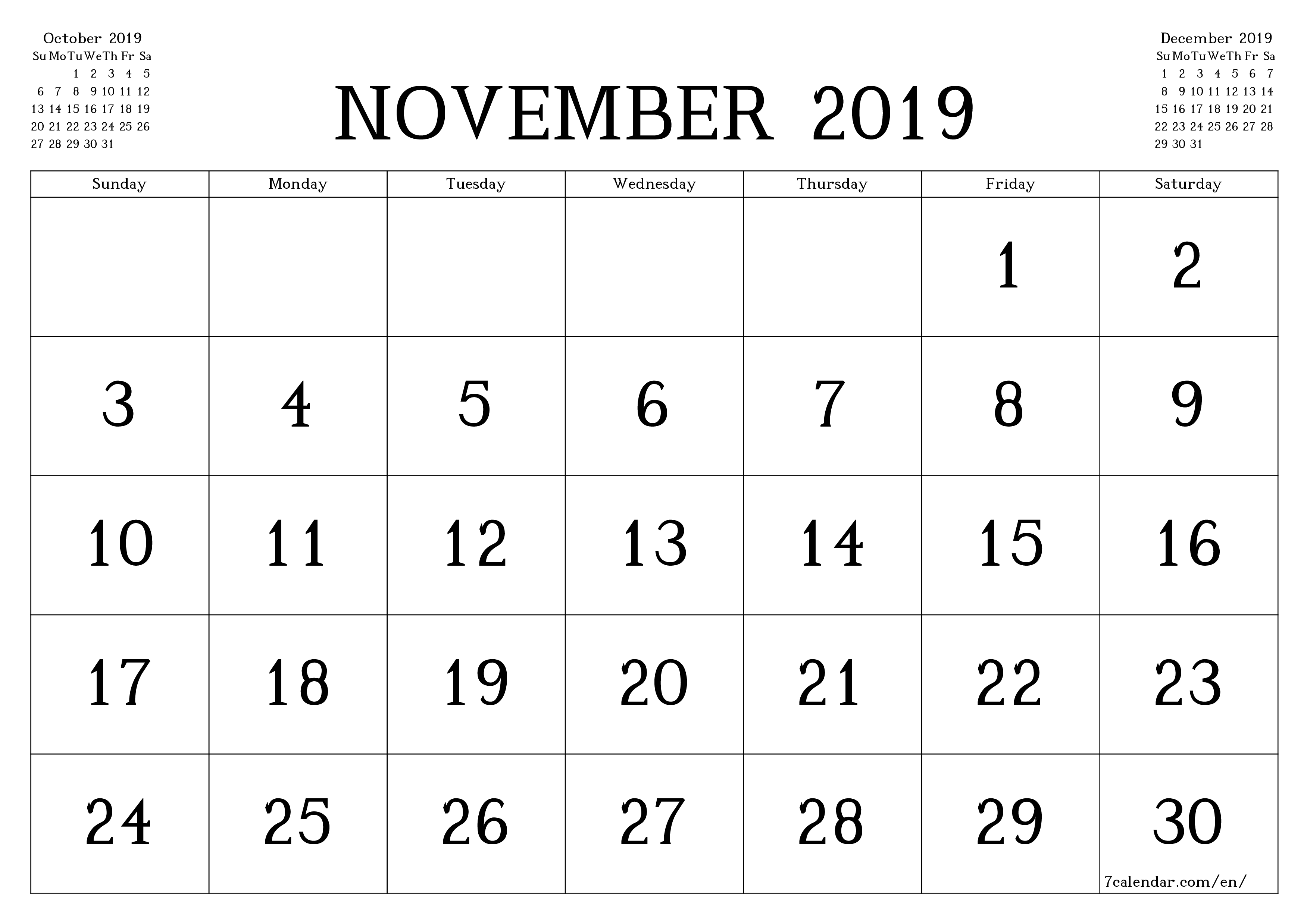 Blank calendar November 2019