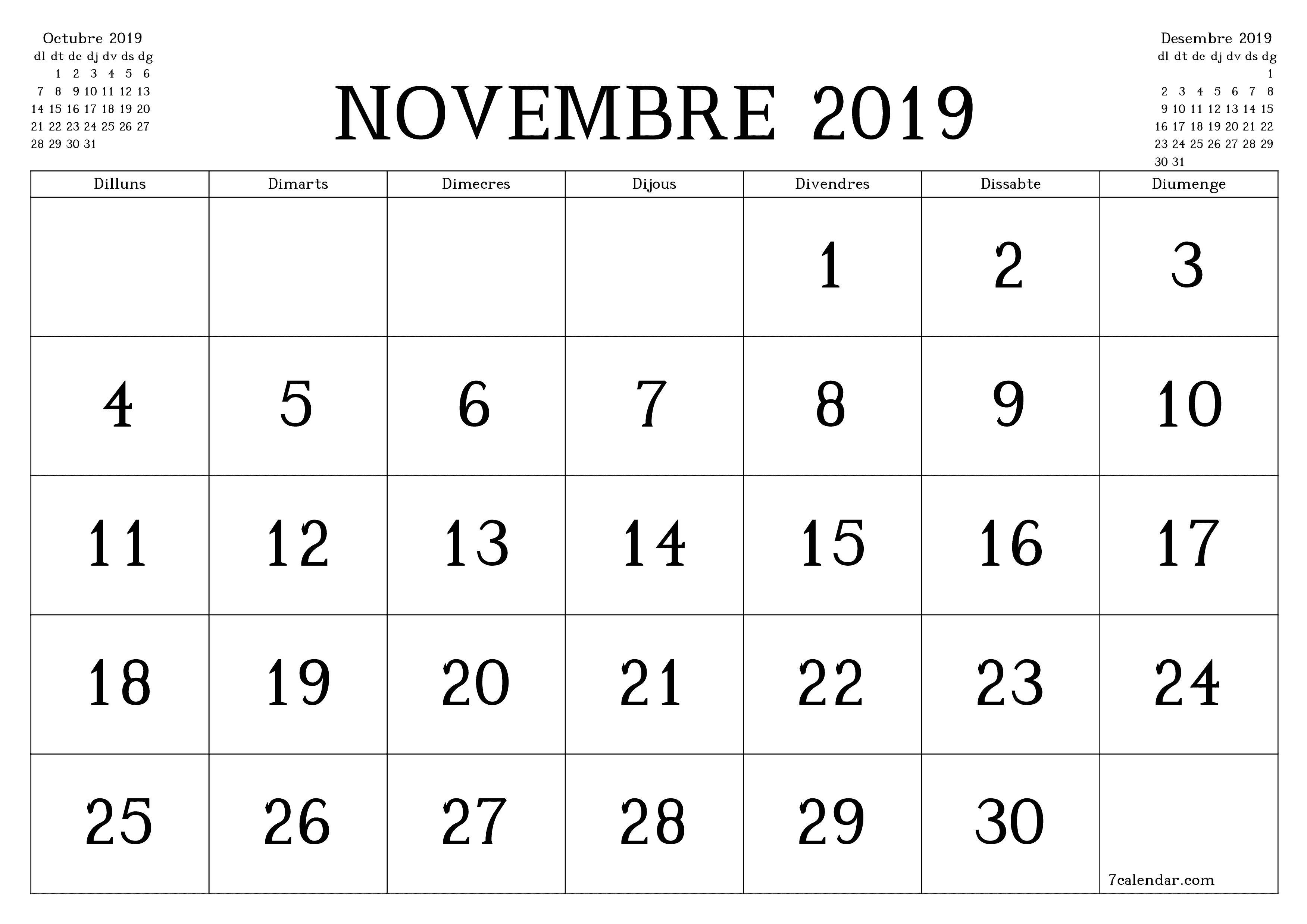 Planificador mensual buit del mes Novembre 2019 amb notes, deseu-lo i imprimiu-lo en format PDF PNG Catalan