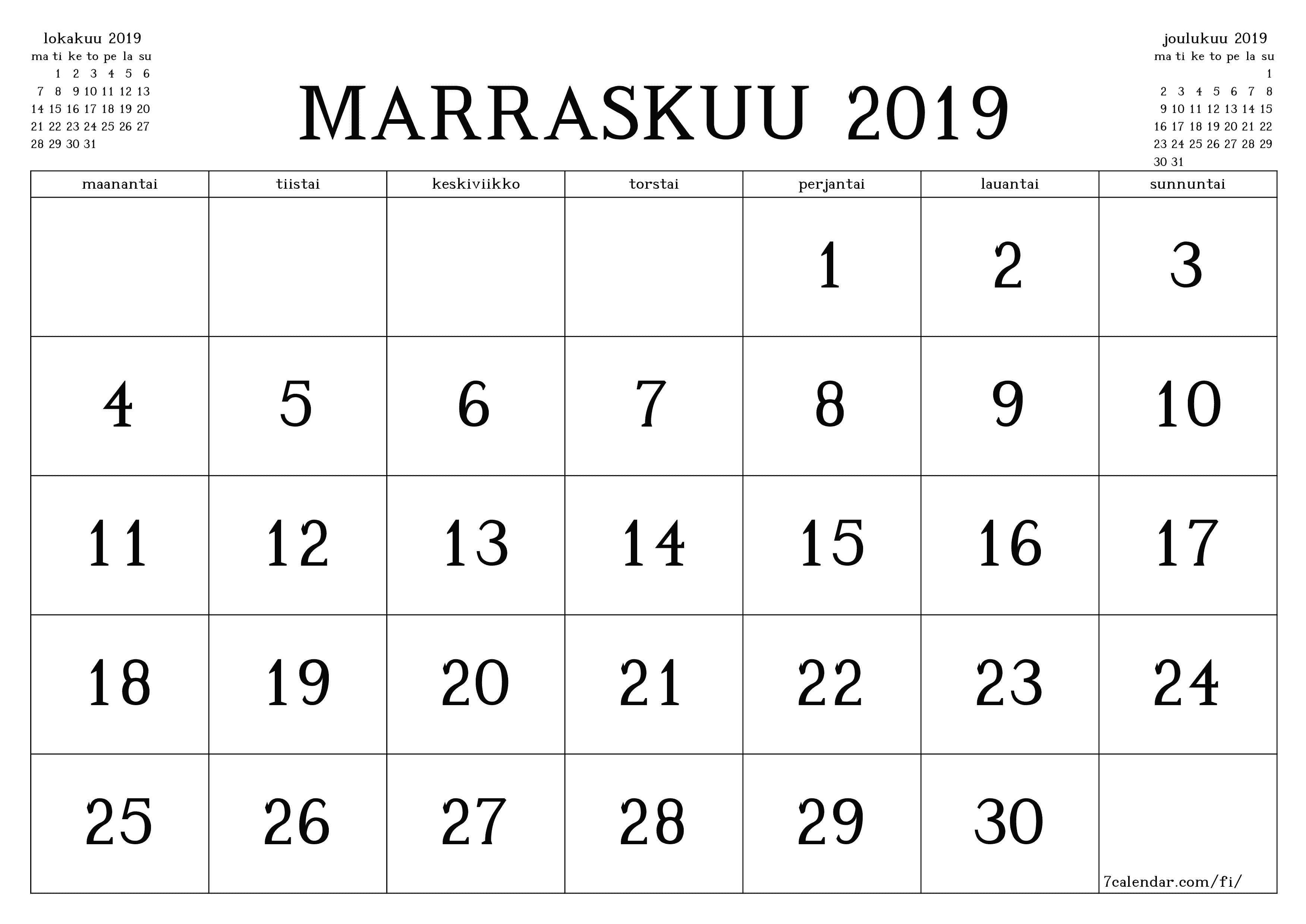 Tyhjennä kuukausittainen suunnittelija kuukaudelle Marraskuu 2019 muistiinpanoilla, tallenna ja tulosta PDF-muotoon PNG Finnish