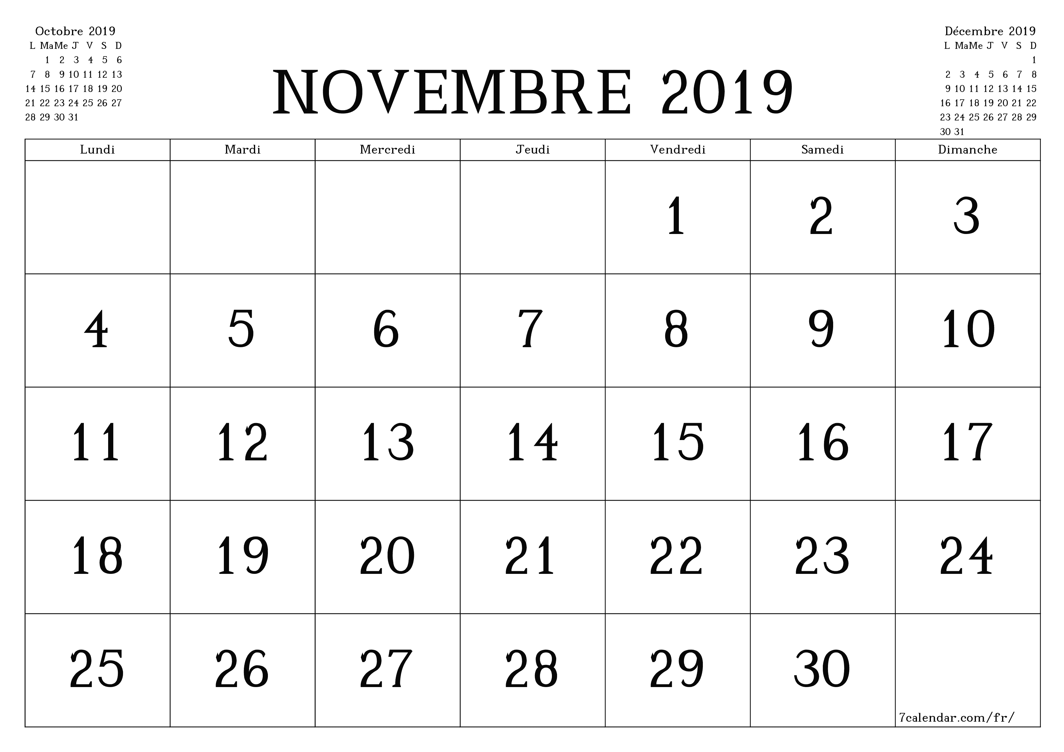 Agenda mensuel vide pour le mois Novembre 2019 avec notes, enregistrez et imprimez au format PDF PNG French