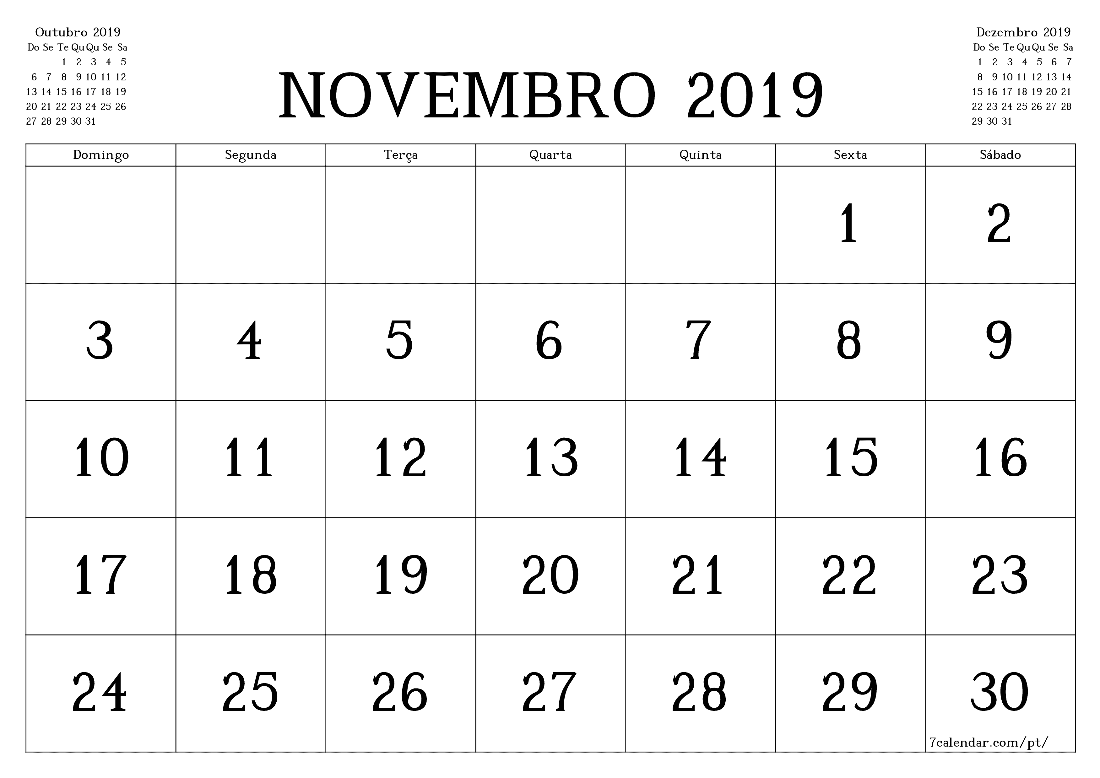 Esvazie o planejador mensal para o mês Novembro 2019 com notas, salve e imprima em PDF PNG Portuguese