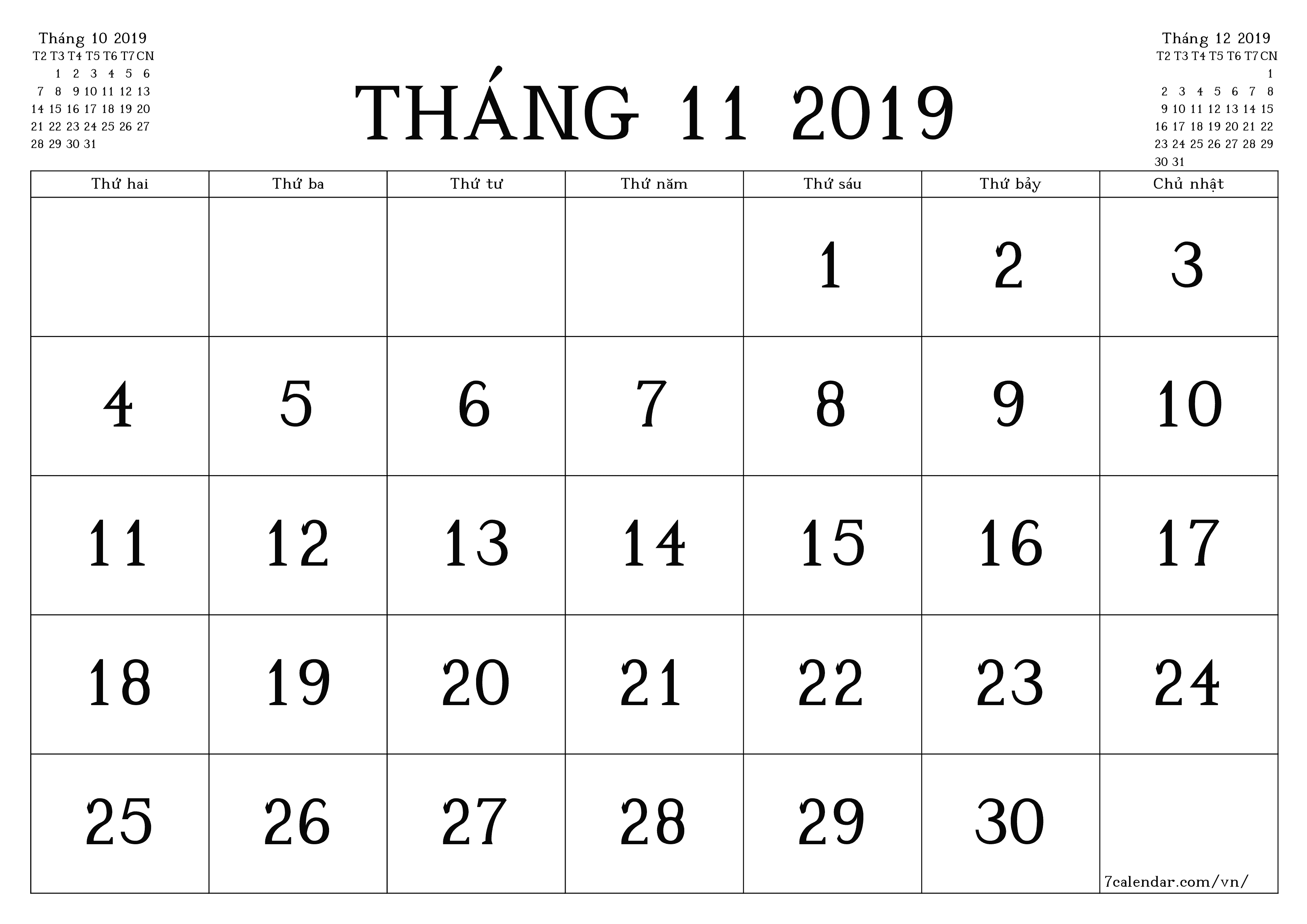 Công cụ lập kế hoạch hàng tháng trống cho tháng Tháng 11 2019 có ghi chú, lưu và in sang PDF PNG Vietnamese