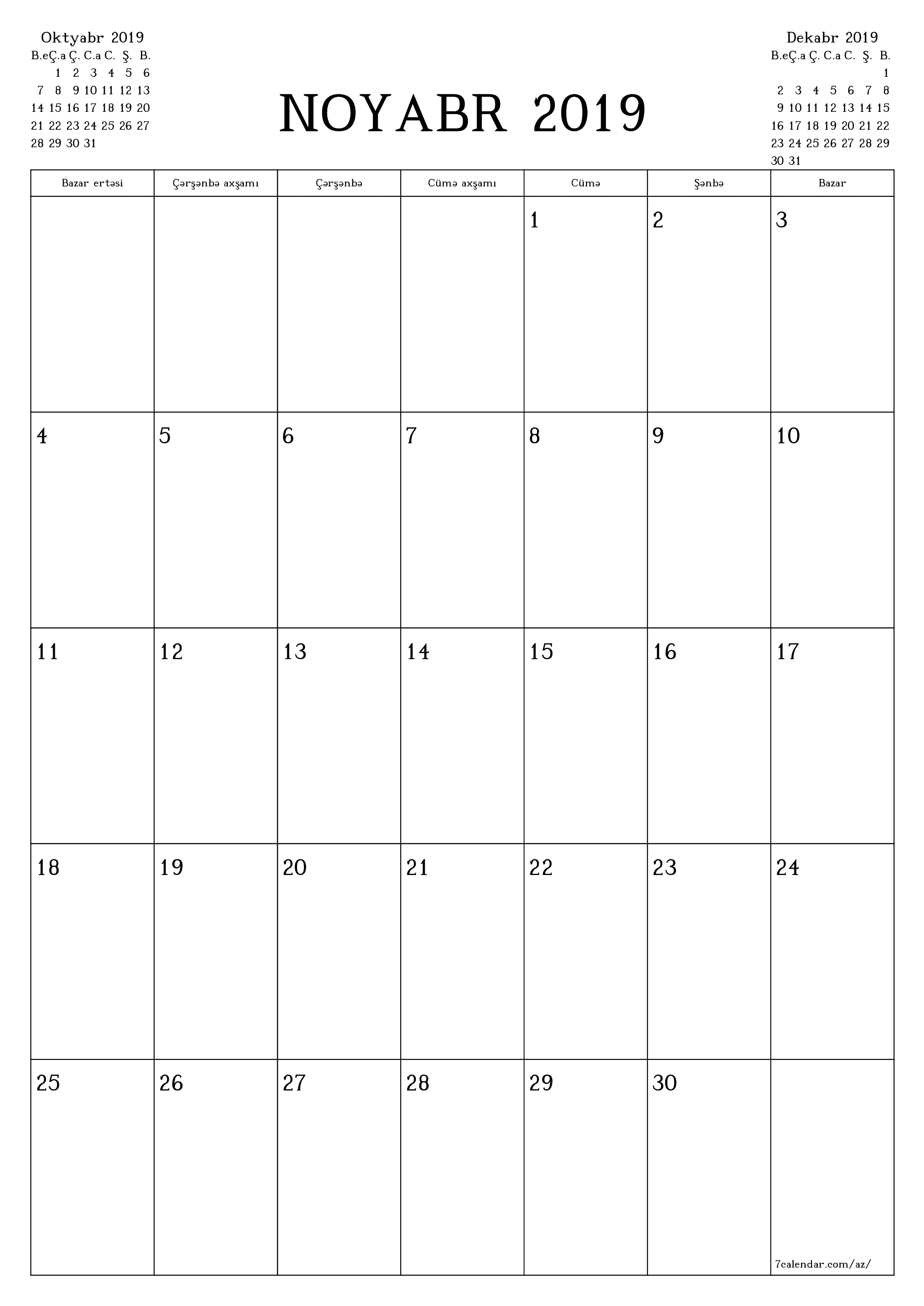 çap edilə bilən divar i şablonu pulsuz şaquli Aylıq planlaşdırıcı təqvim Noyabr (Noy) 2019