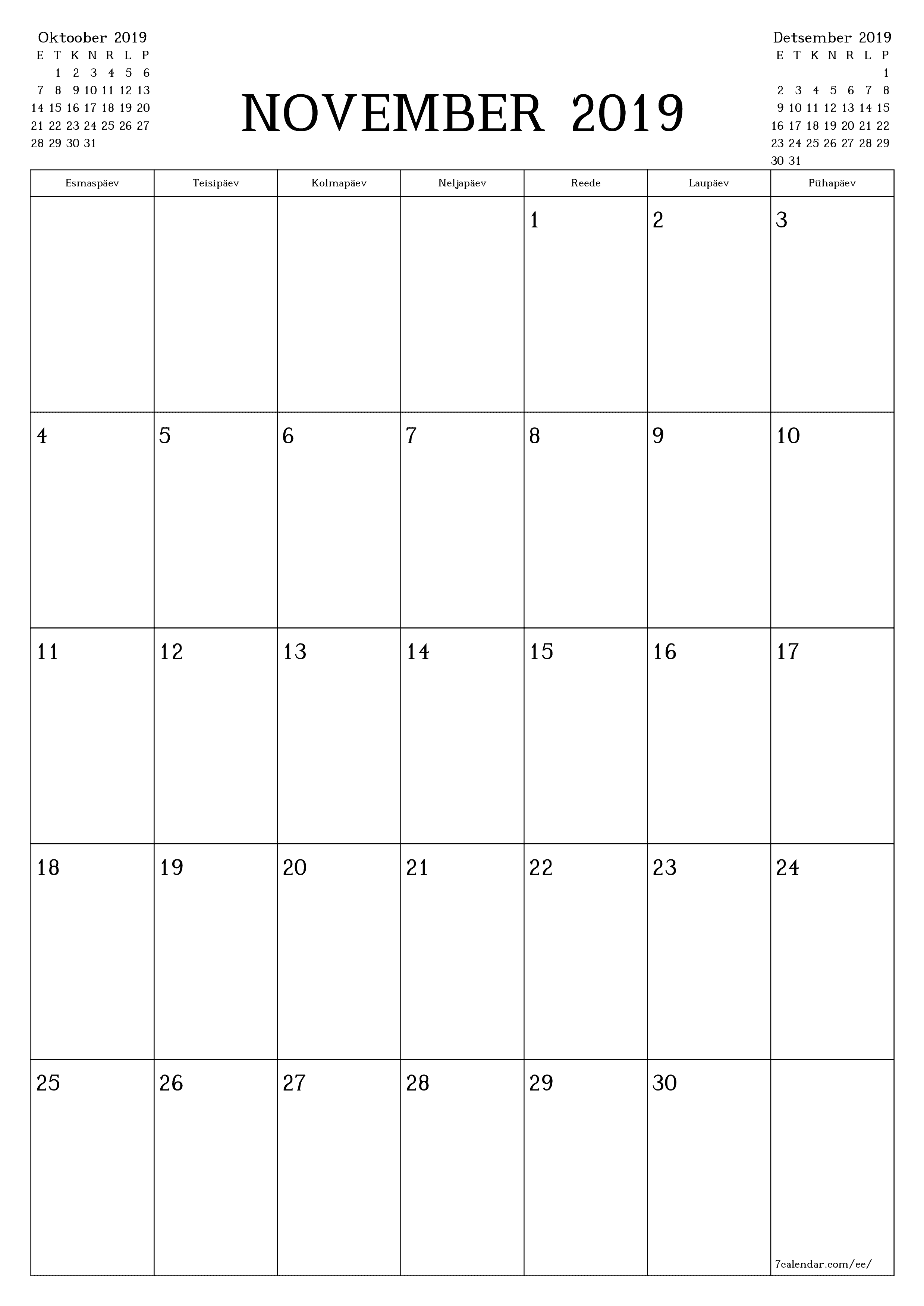 Tühjendage kuu November 2019 kuuplaneerija märkmetega, salvestage ja printige PDF-i PNG Estonian