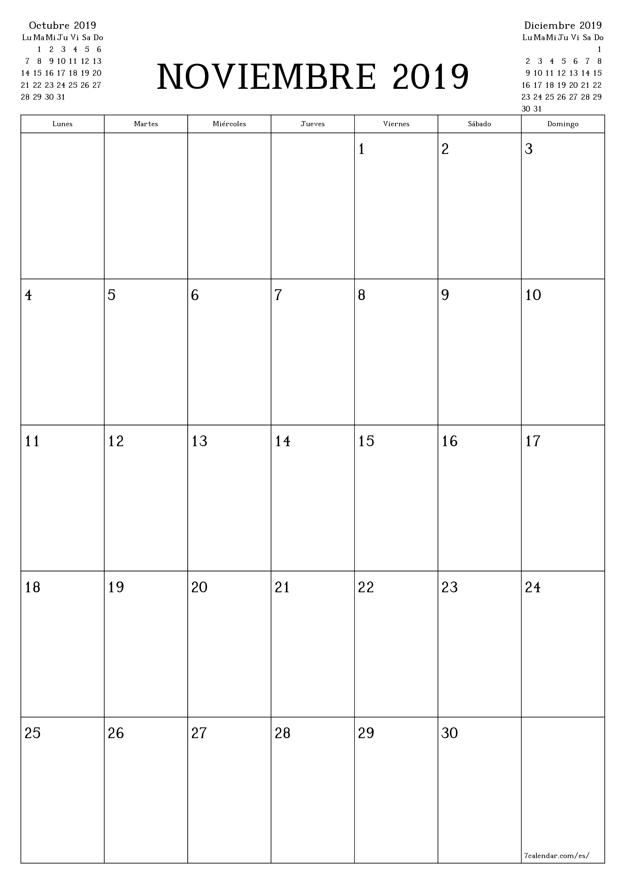 Planificador mensual vacío para el mes Noviembre 2019 con notas, guardar e imprimir en PDF PNG Spanish