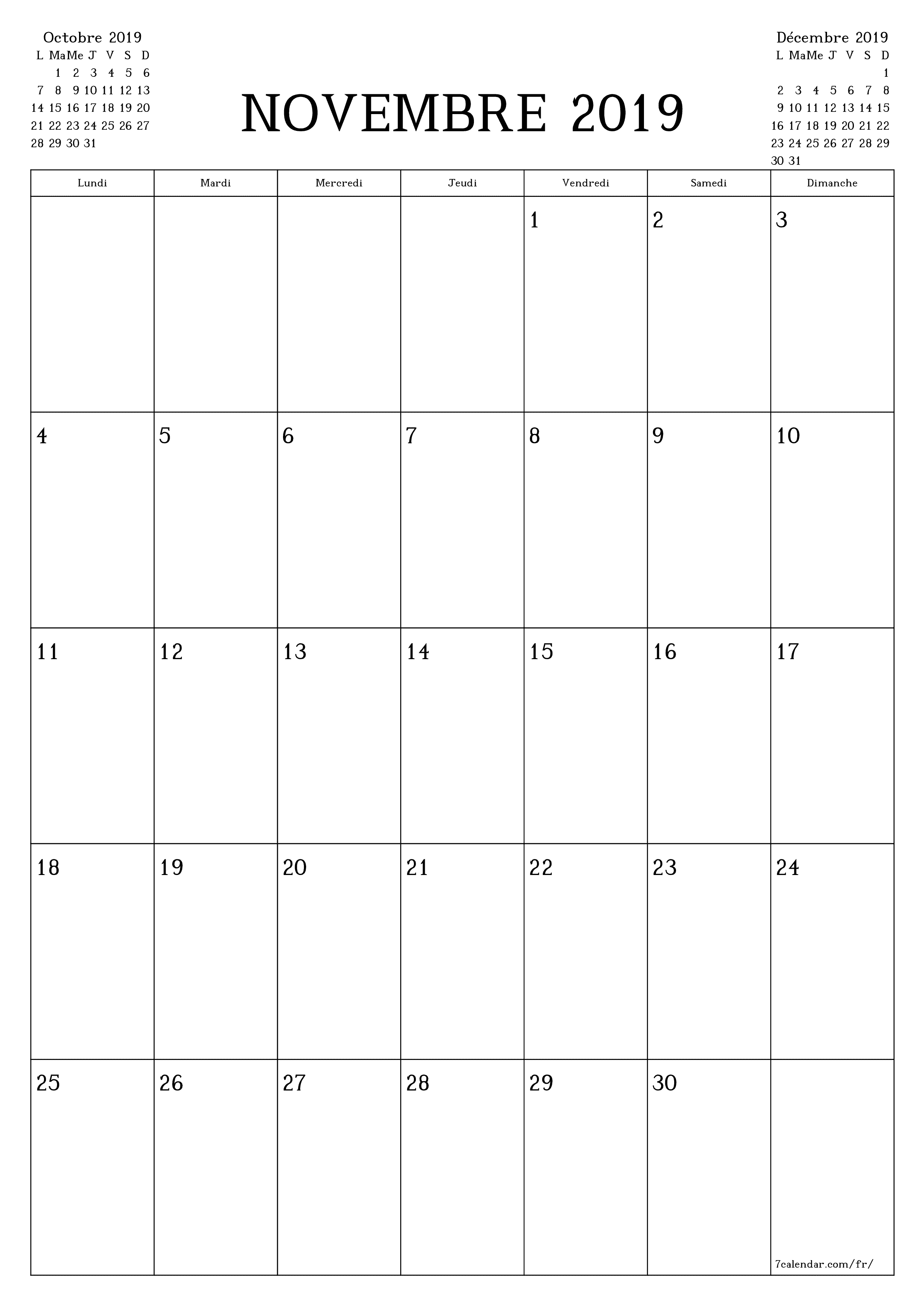 Agenda mensuel vide pour le mois Novembre 2019 avec notes, enregistrez et imprimez au format PDF PNG French
