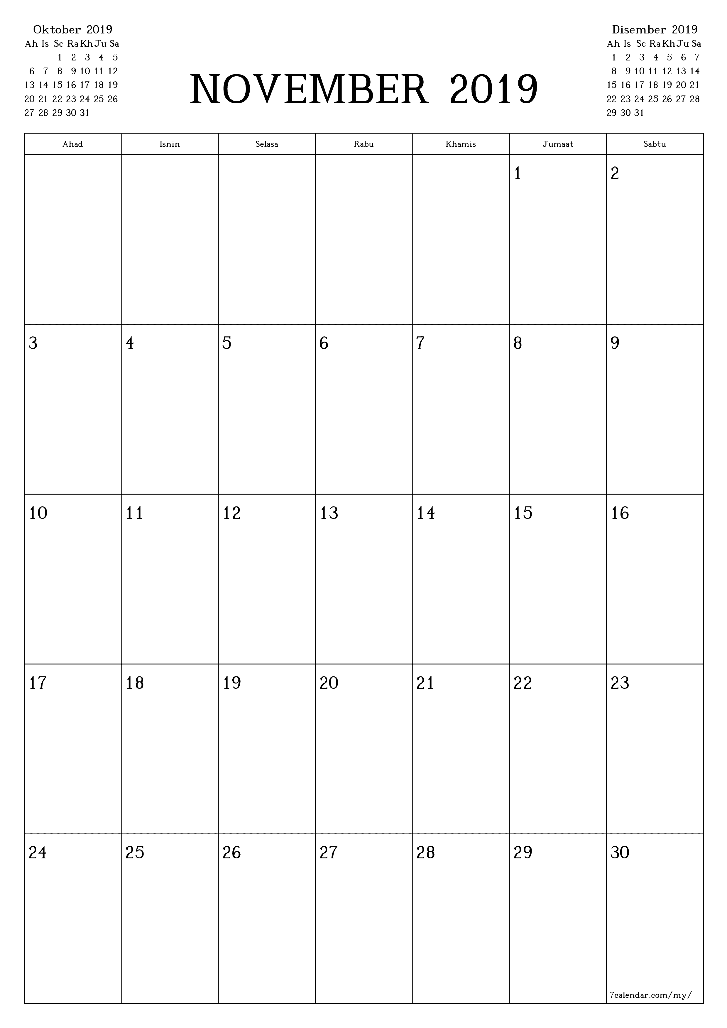 Perancang bulanan kosong untuk bulan November 2019 dengan nota, simpan dan cetak ke PDF PNG Malay