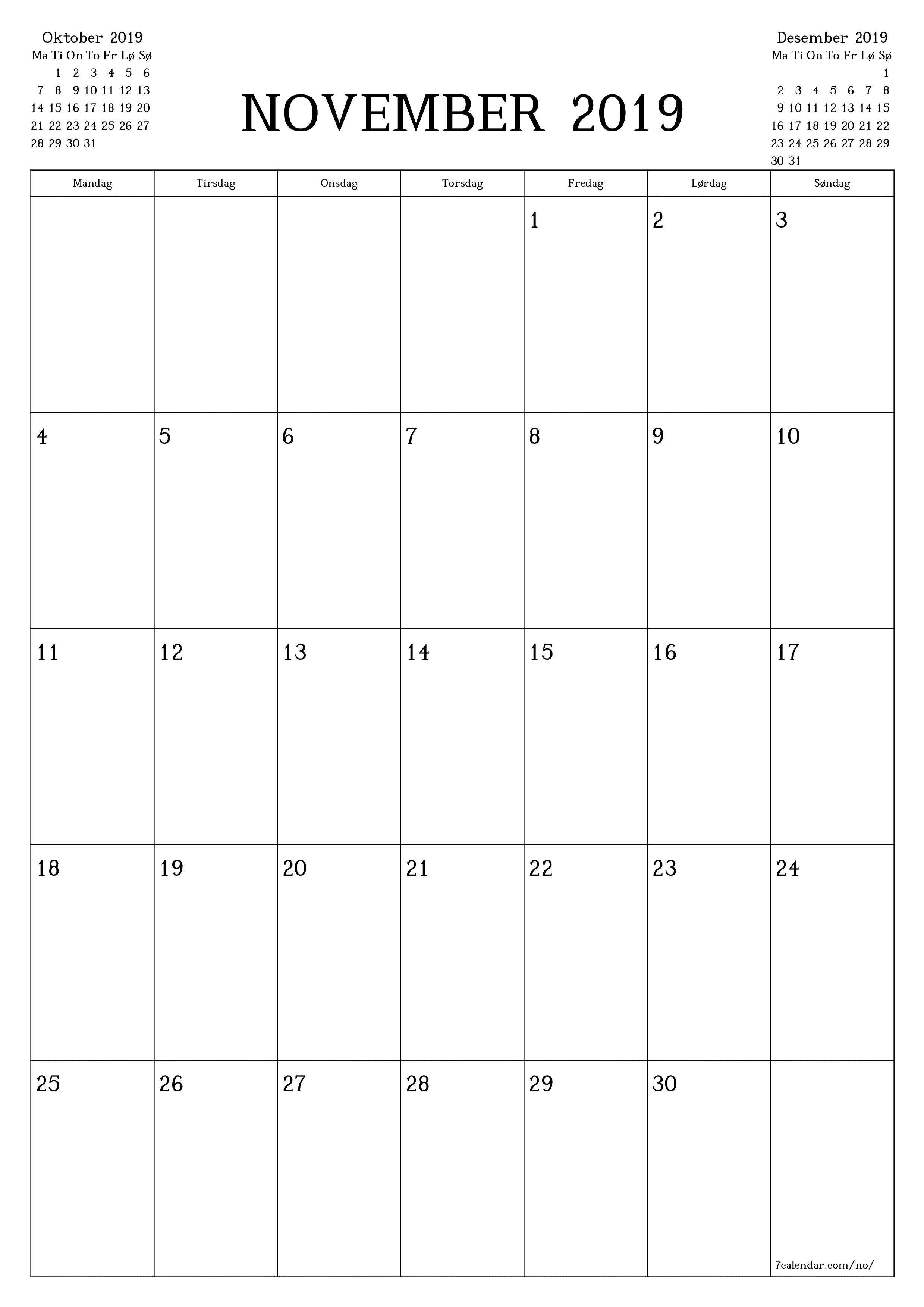 Tom månedlig planlegger for måned November 2019 med notater, lagre og skriv ut til PDF PNG Norwegian