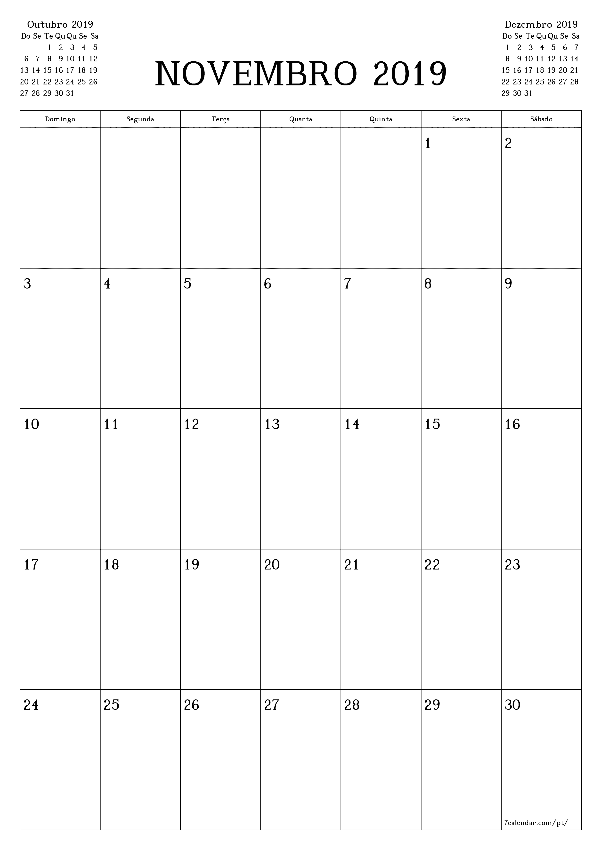  para impressão de parede modelo de grátisvertical Mensal planejador calendário Novembro (Nov) 2019