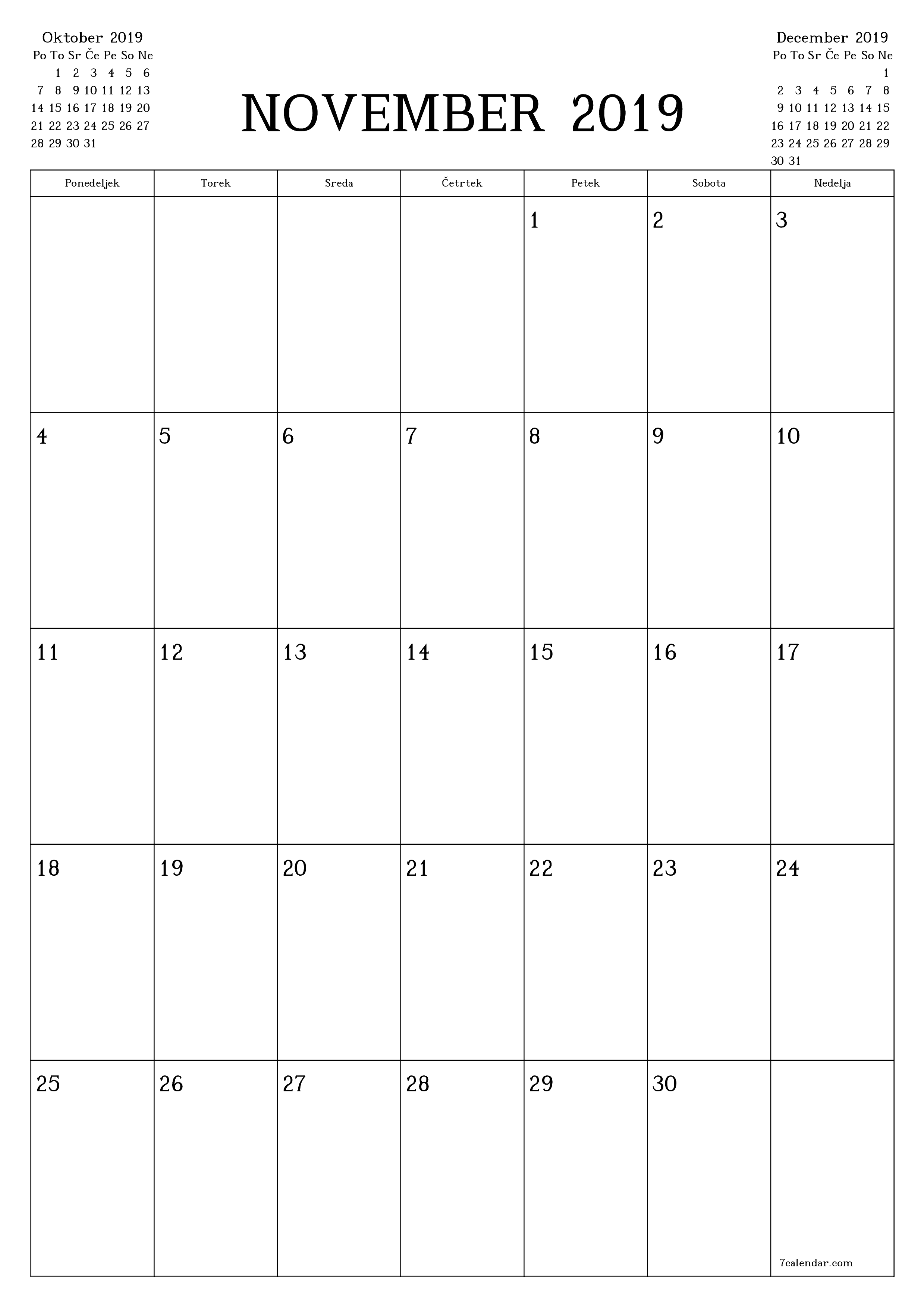 Prazen mesečni načrtovalec koledarja za mesec November 2019 z opombami, natisnjenimi v PDF PNG Slovenian