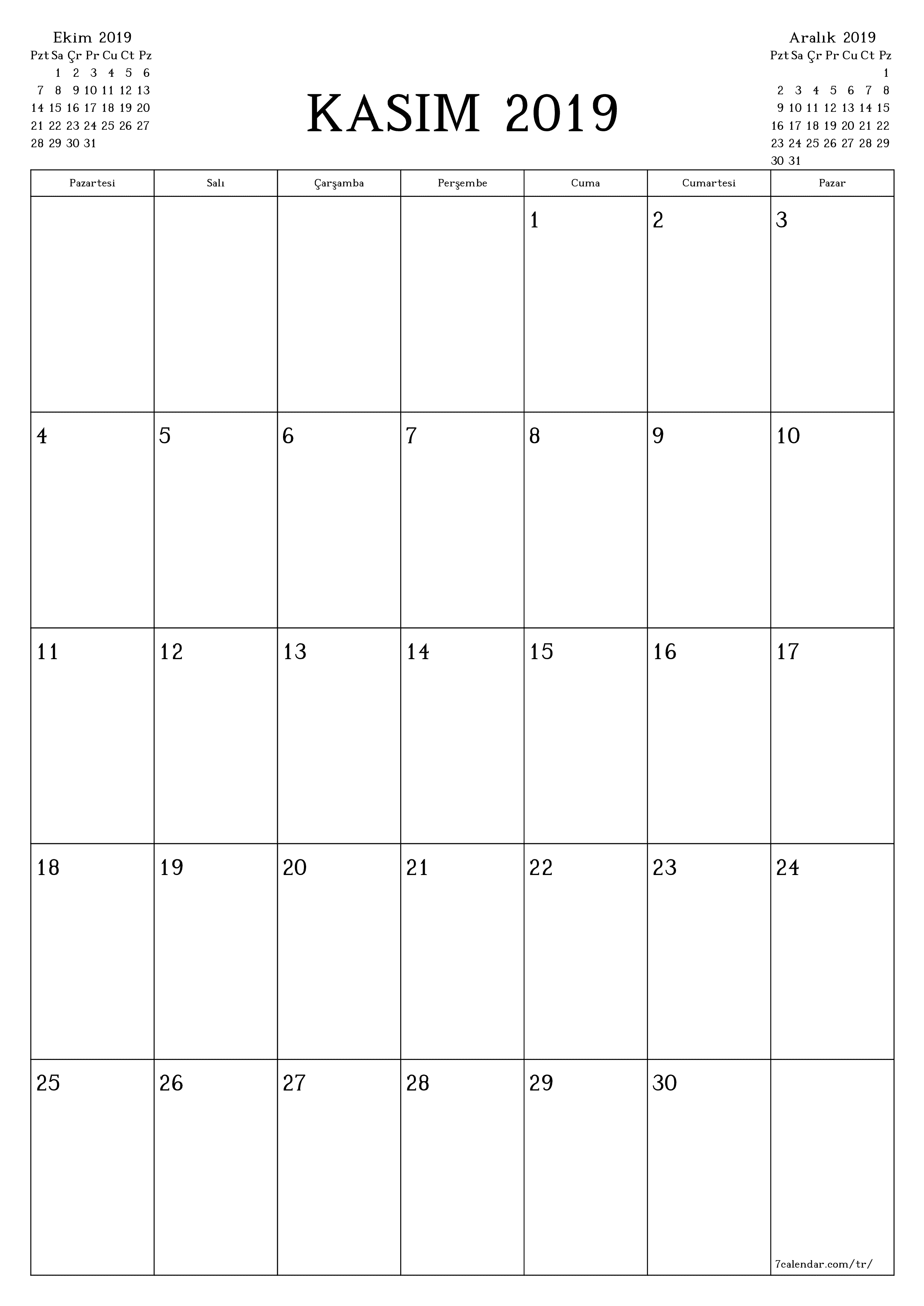 yazdırılabilir duvar i şablonu ücretsiz dikey Aylık planlayıcı takvim Kasım (Kas) 2019