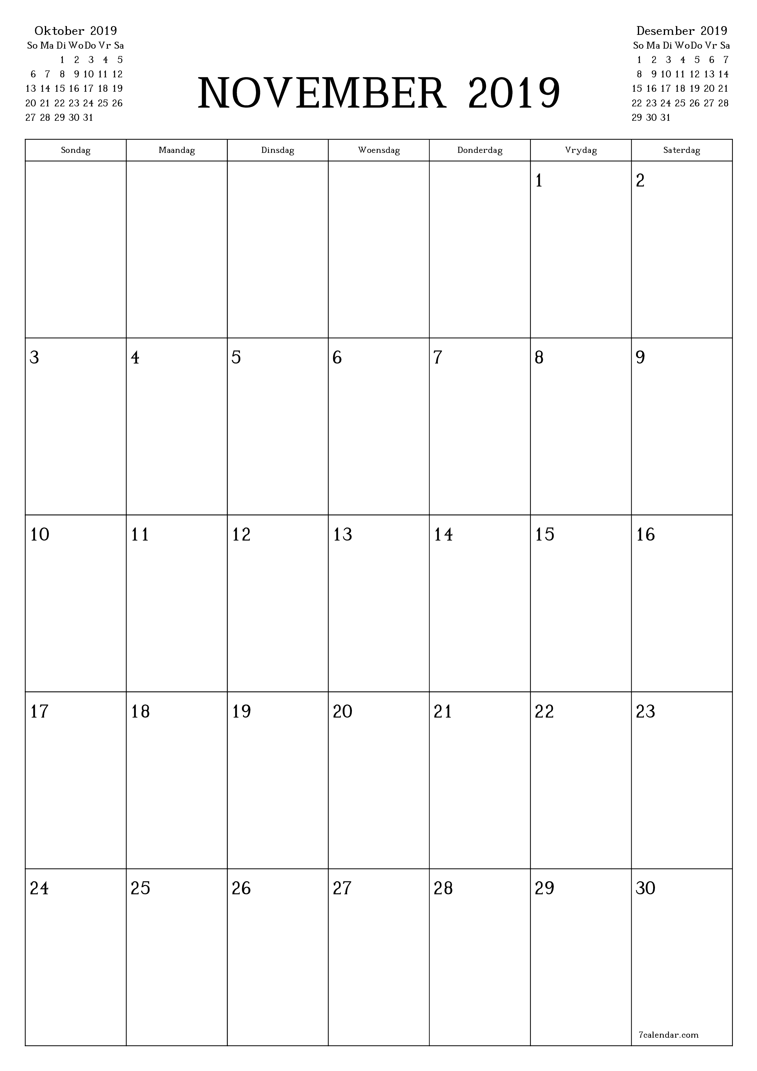 Leë maandelikse drukbare kalender en beplanner vir maand November 2019 met notas stoor en druk na PDF PNG Afrikaans