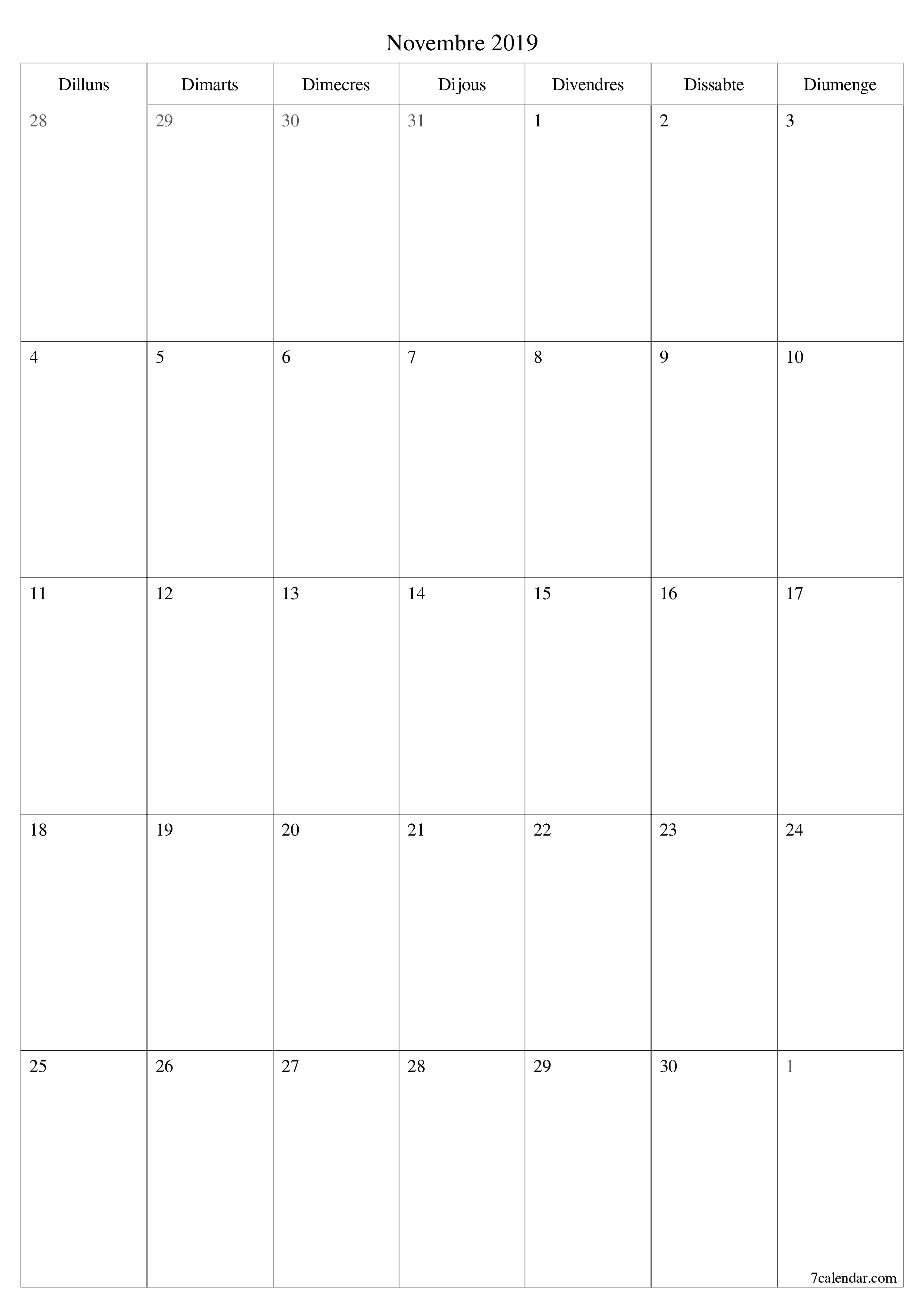 Planificador mensual buit del mes Novembre 2019 amb notes, deseu-lo i imprimiu-lo en format PDF PNG Catalan