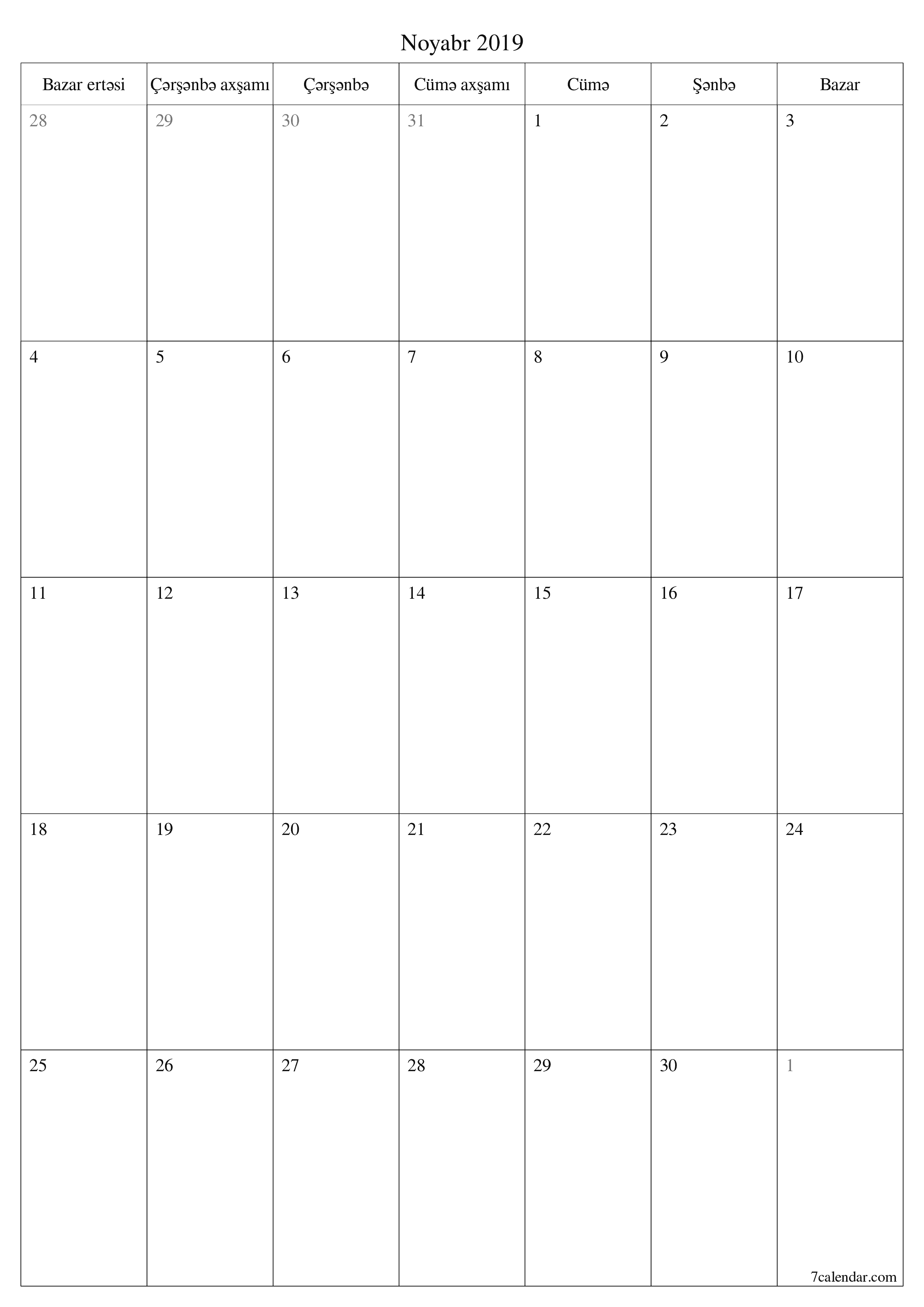 çap edilə bilən divar i şablonu pulsuz şaquli Aylıq planlaşdırıcı təqvim Noyabr (Noy) 2019