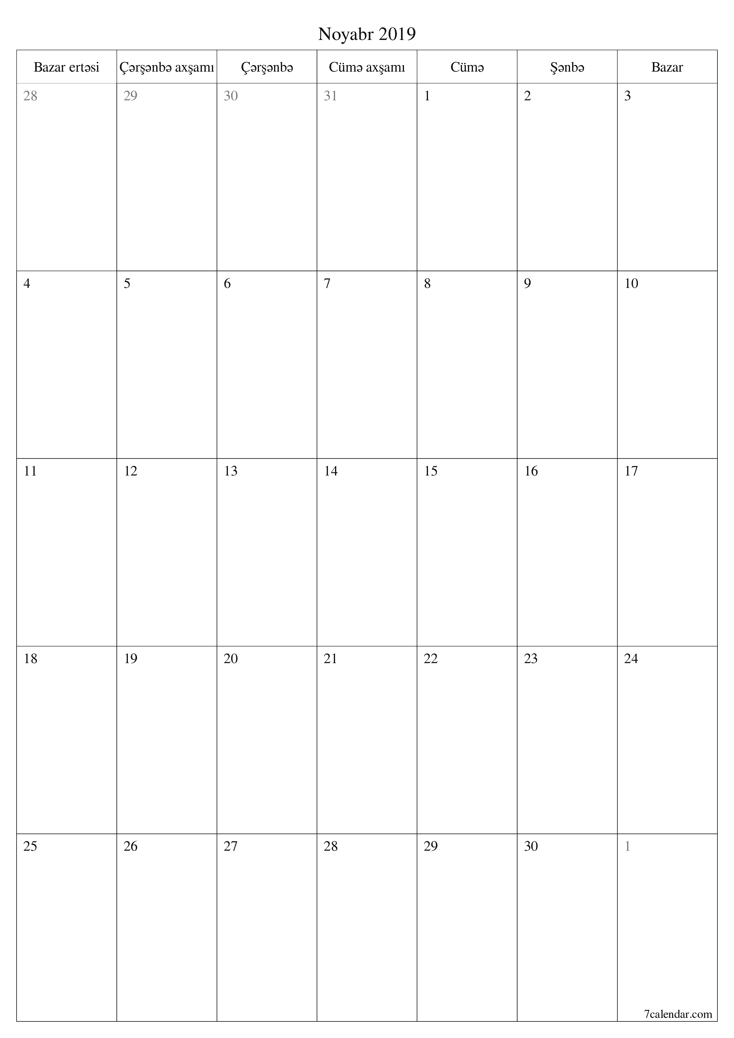 Noyabr 2019 ayı üçün qeydlər ilə boş aylıq planlayıcı, qeyd edin və PDF-ə yazdırın PNG Azerbaijani