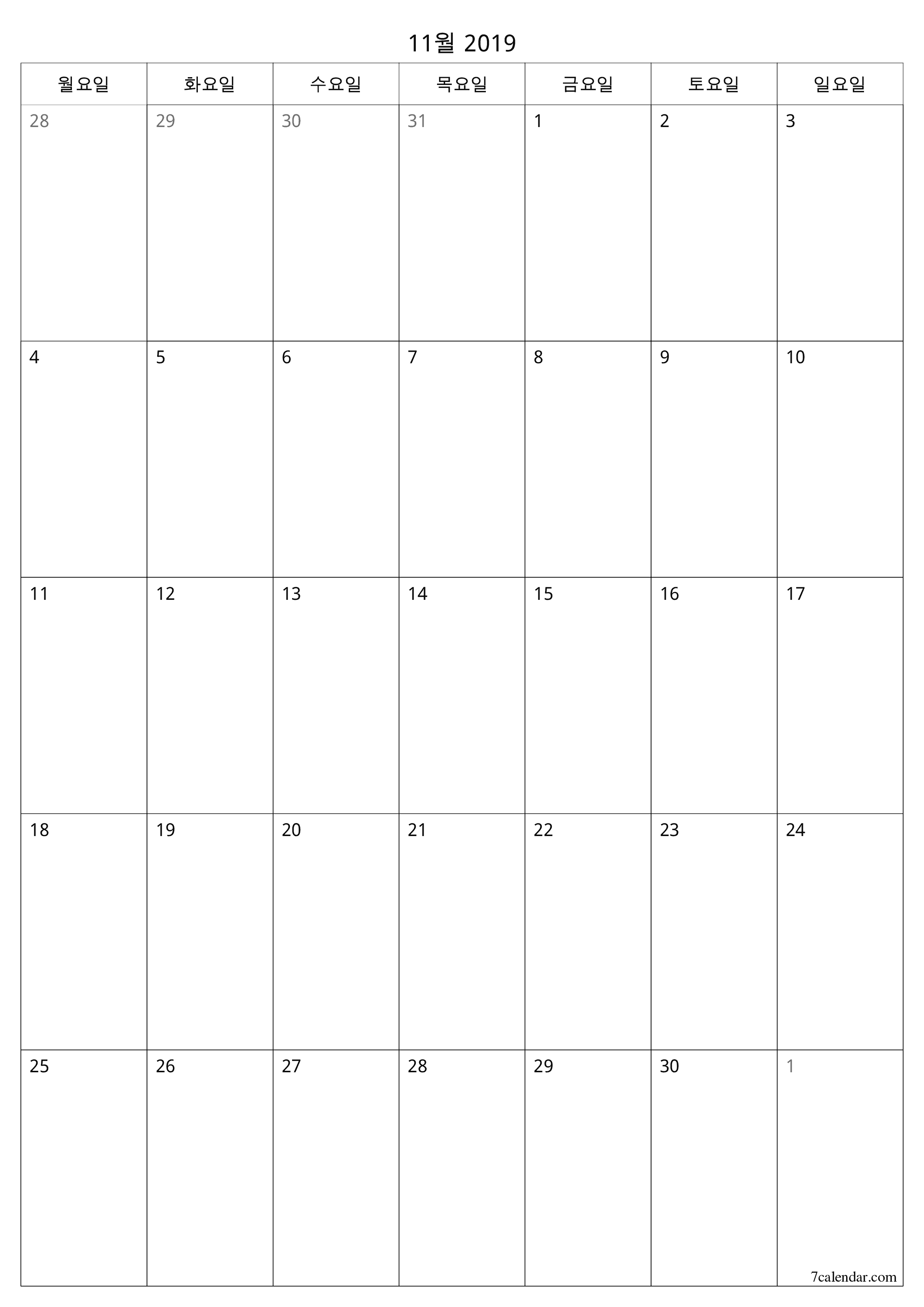 메모가있는 11월 2019 월의 월간 플래너 비우기, PDF PNG Korean-7calendar.com으로 저장 및 인쇄