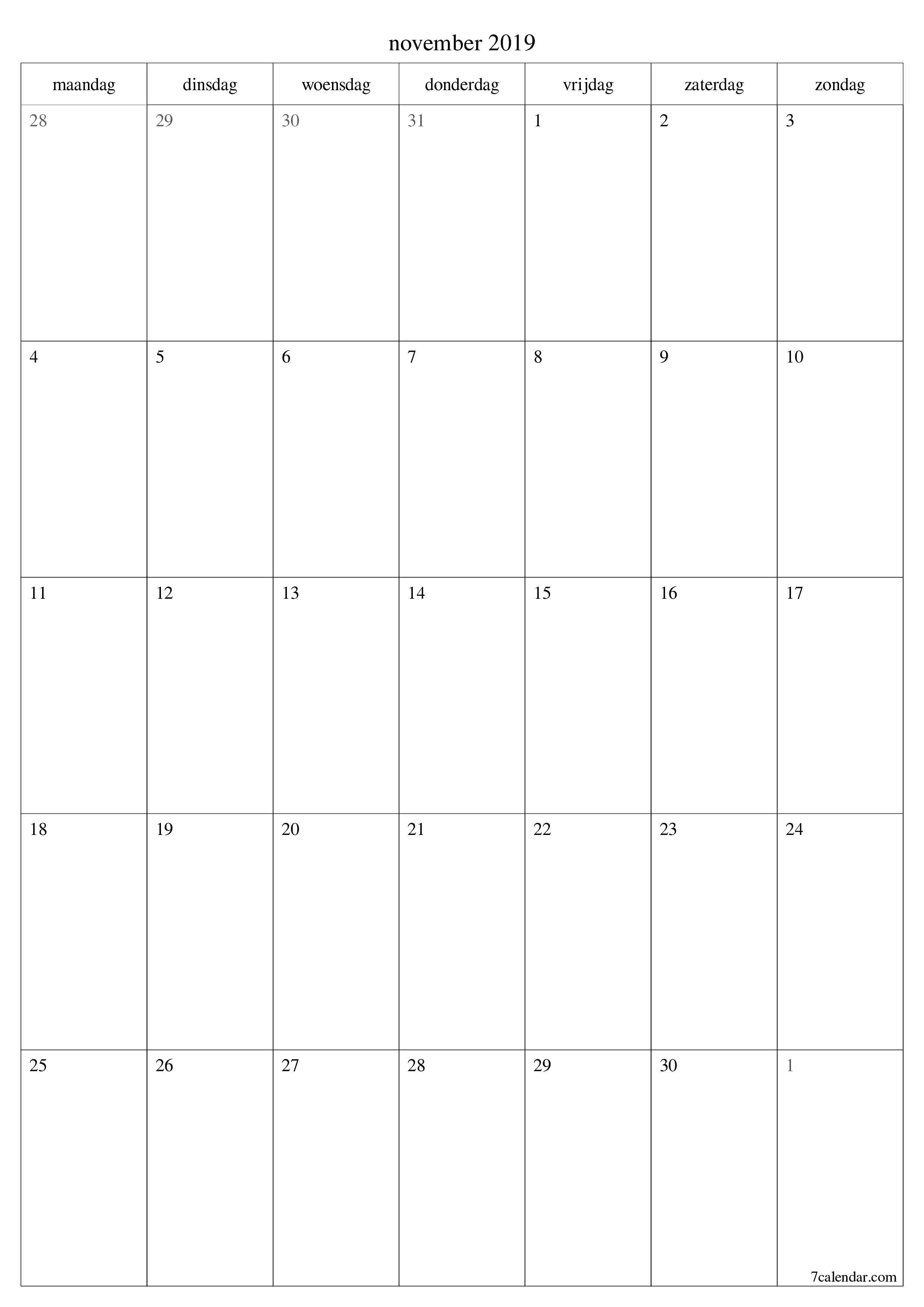 Lege maandplanner voor maand november 2019 met notities, opslaan en afdrukken naar pdf PNG Dutch