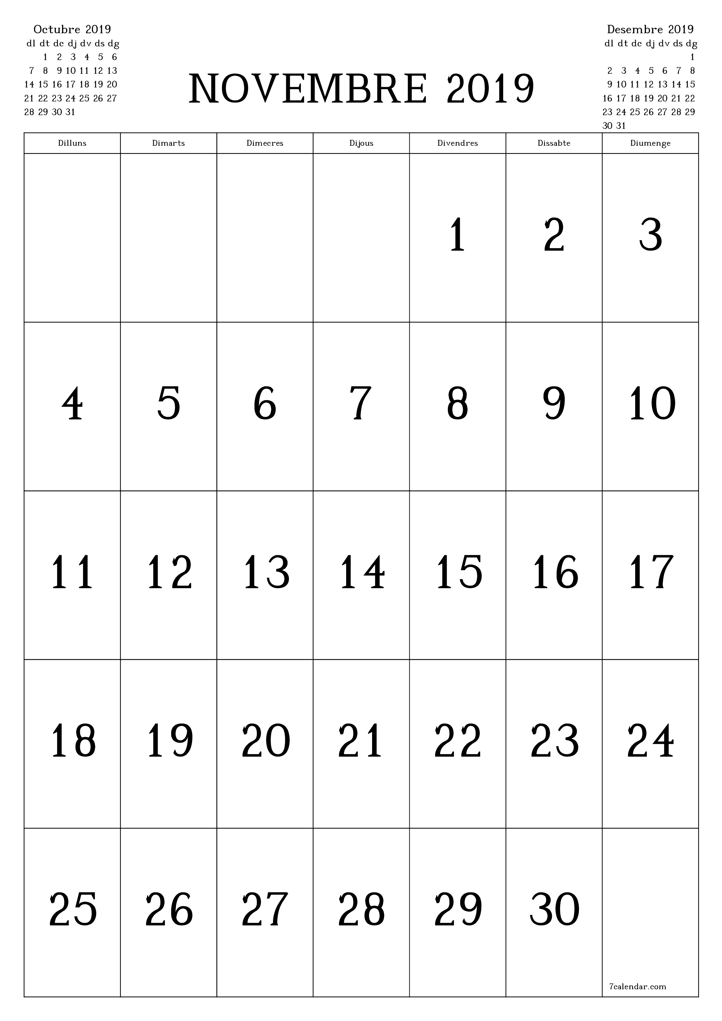  imprimible de paret plantilla de gratuïtvertical Mensual calendari Novembre (Nov) 2019