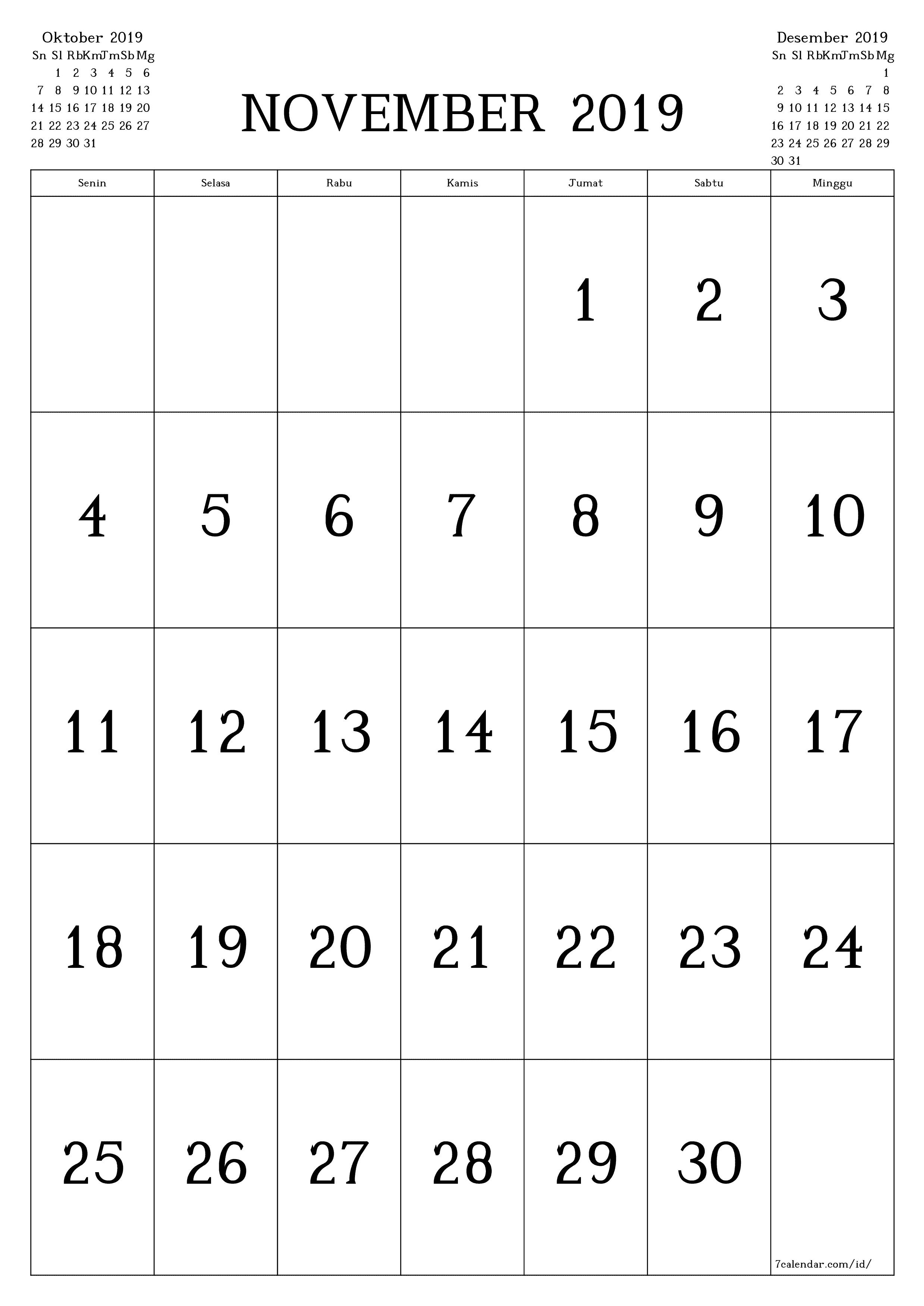  yang dapat dicetak dinding templat gratisvertikal Bulanan kalender November (Nov) 2019