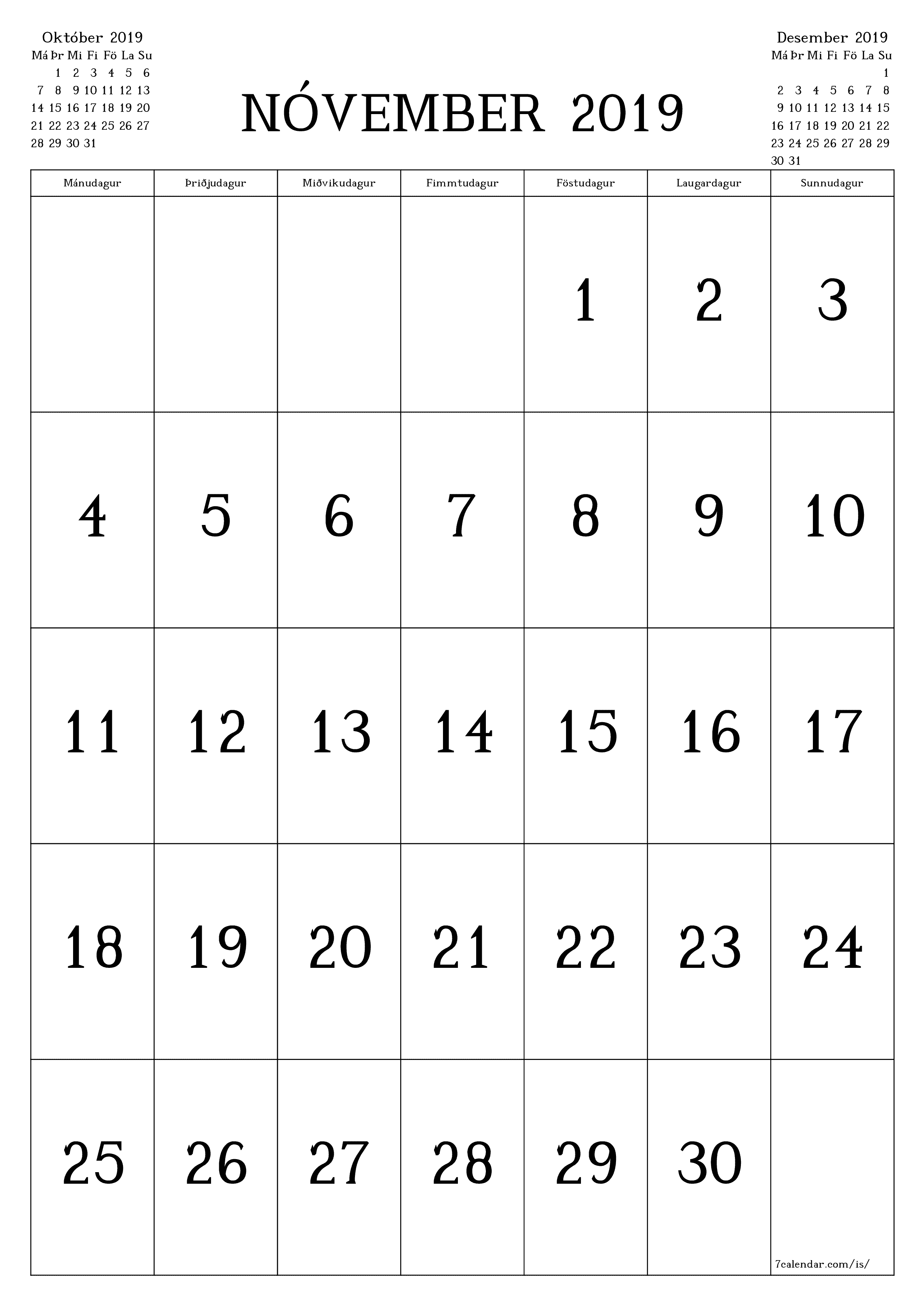 prentanlegt vegg sniðmát fyrir ókeypis lóðrétt Mánaðarlegt dagatal Nóvember (Nóv) 2019