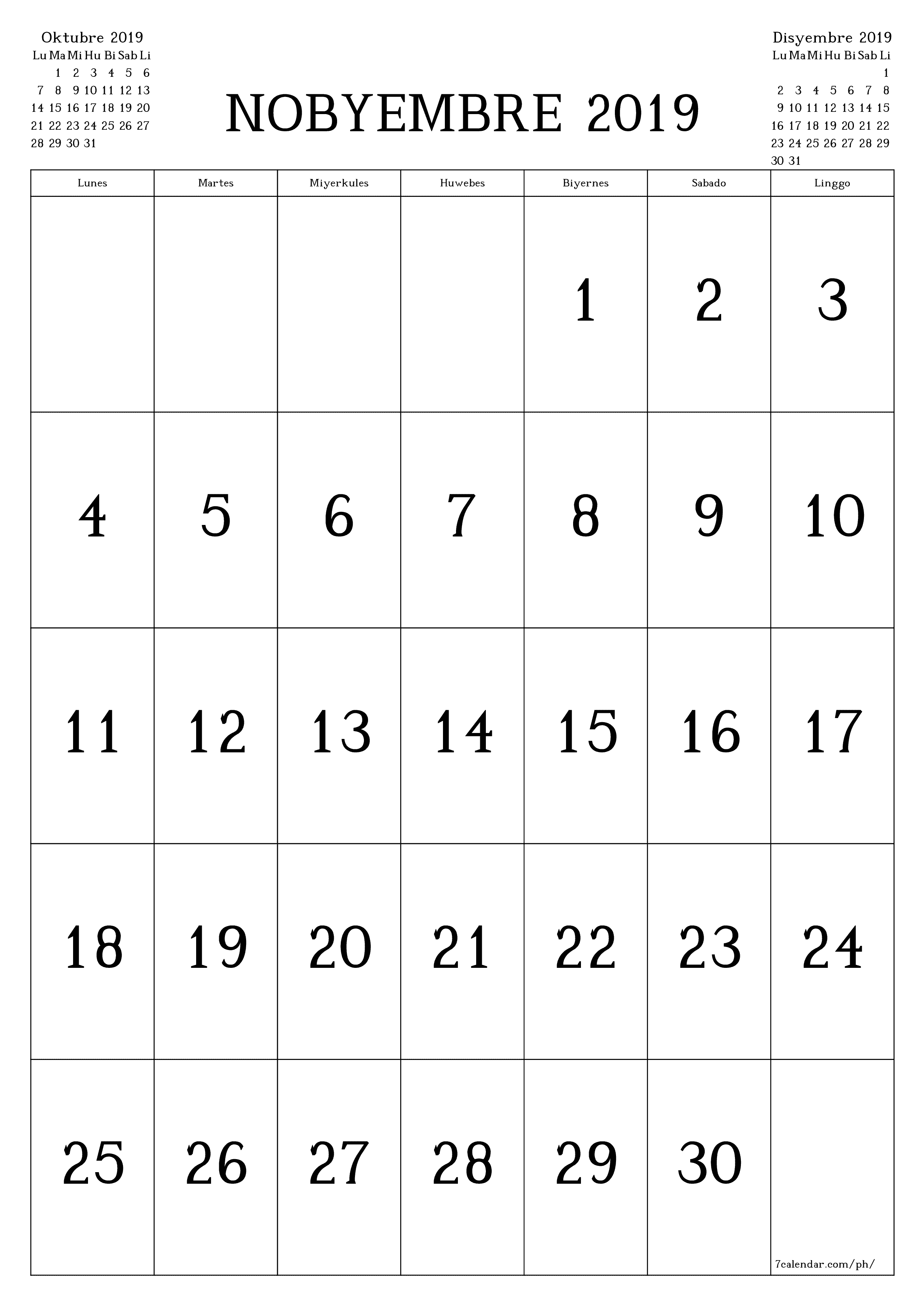 napi-print na sa dingding template ng libreng patayo Buwanang kalendaryo Nobyembre (Nob) 2019