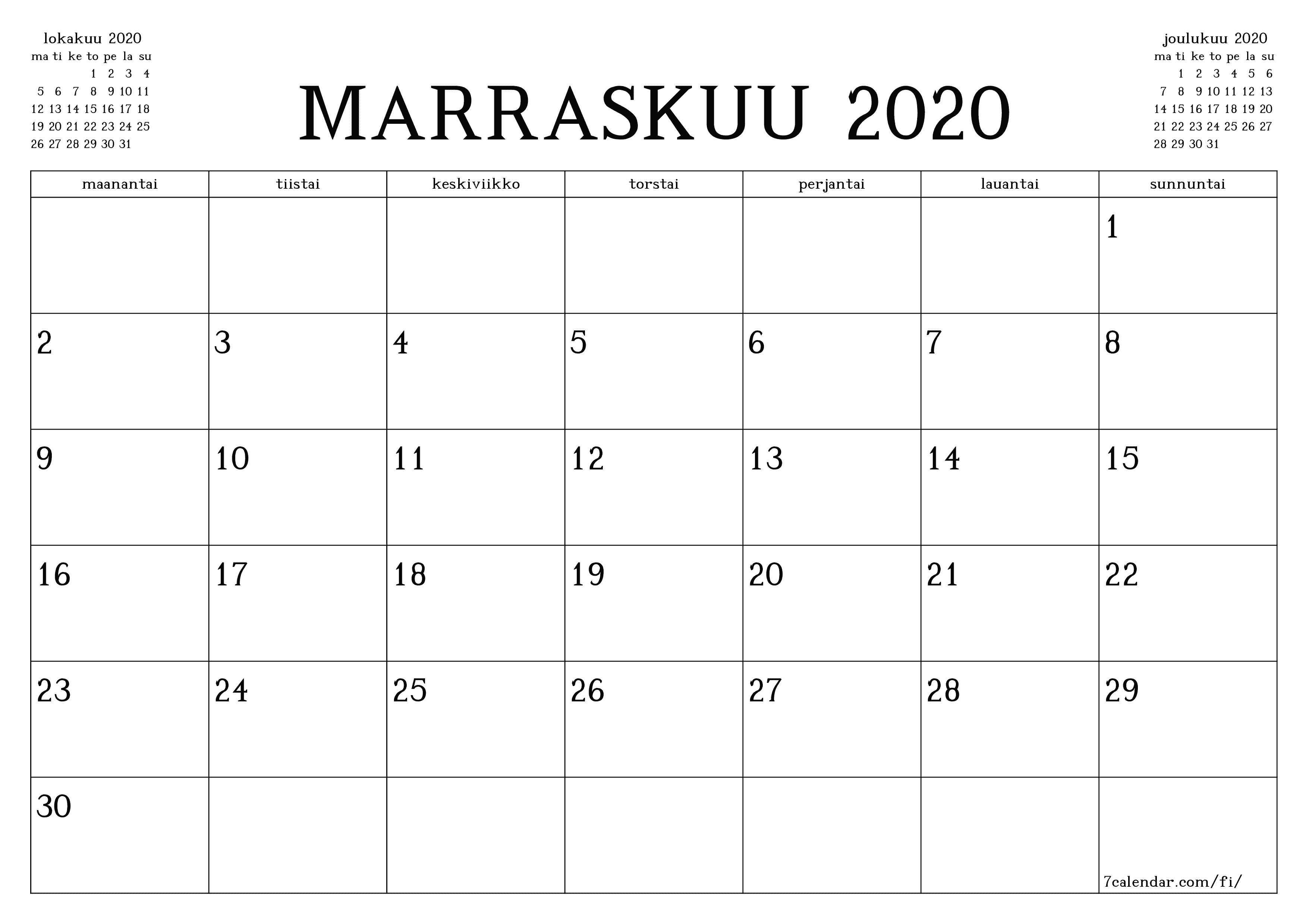 Tyhjennä kuukausittainen suunnittelija kuukaudelle Marraskuu 2020 muistiinpanoilla, tallenna ja tulosta PDF-muotoon PNG Finnish