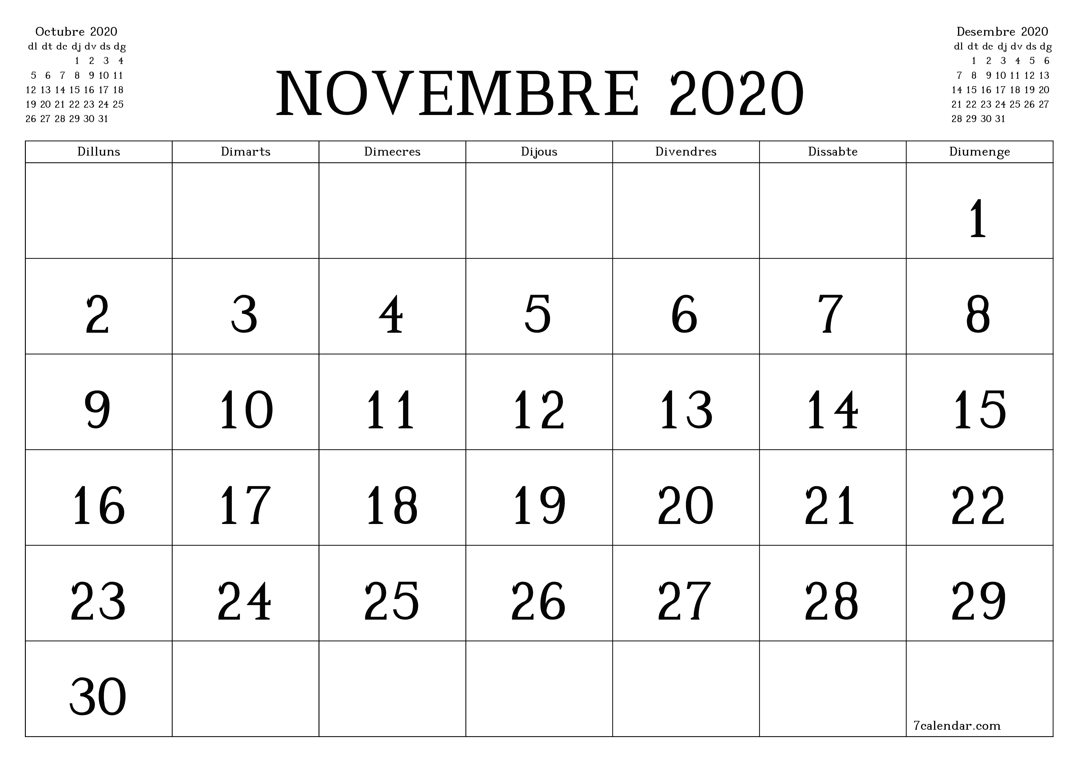 Planificador mensual buit del mes Novembre 2020 amb notes, deseu-lo i imprimiu-lo en format PDF PNG Catalan